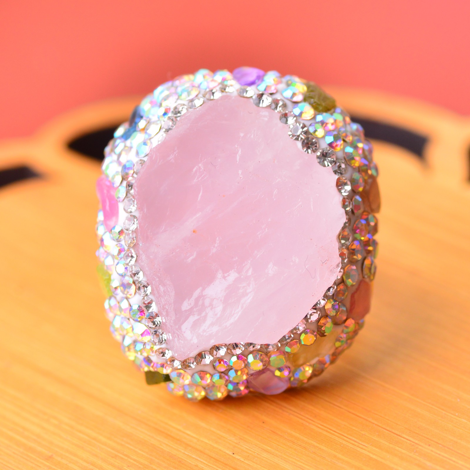 pink quartz ring, alloy inlaid with handmade gemstone jewelry Love Stone