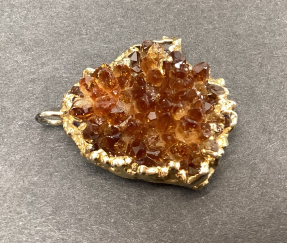 Citrine Druzy Pendant Deep Orange Brown Crystal Cluster Set In Gold Plated Bezel
