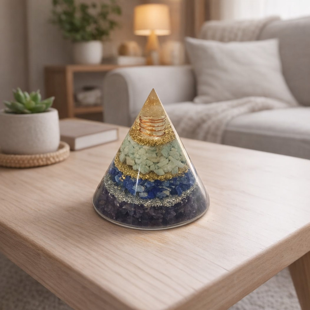 Handmade Orgone Cone with Amazonite, Amethyst & Lapis Lazuli –Balancing Crystal