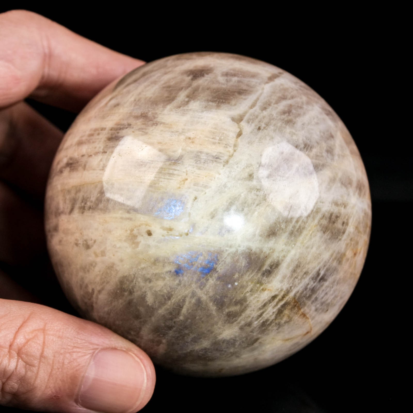 2.8″ 1.07LBS Moonstone Sphere Natural Blue Flash Crystal Ball Mineral Specimen