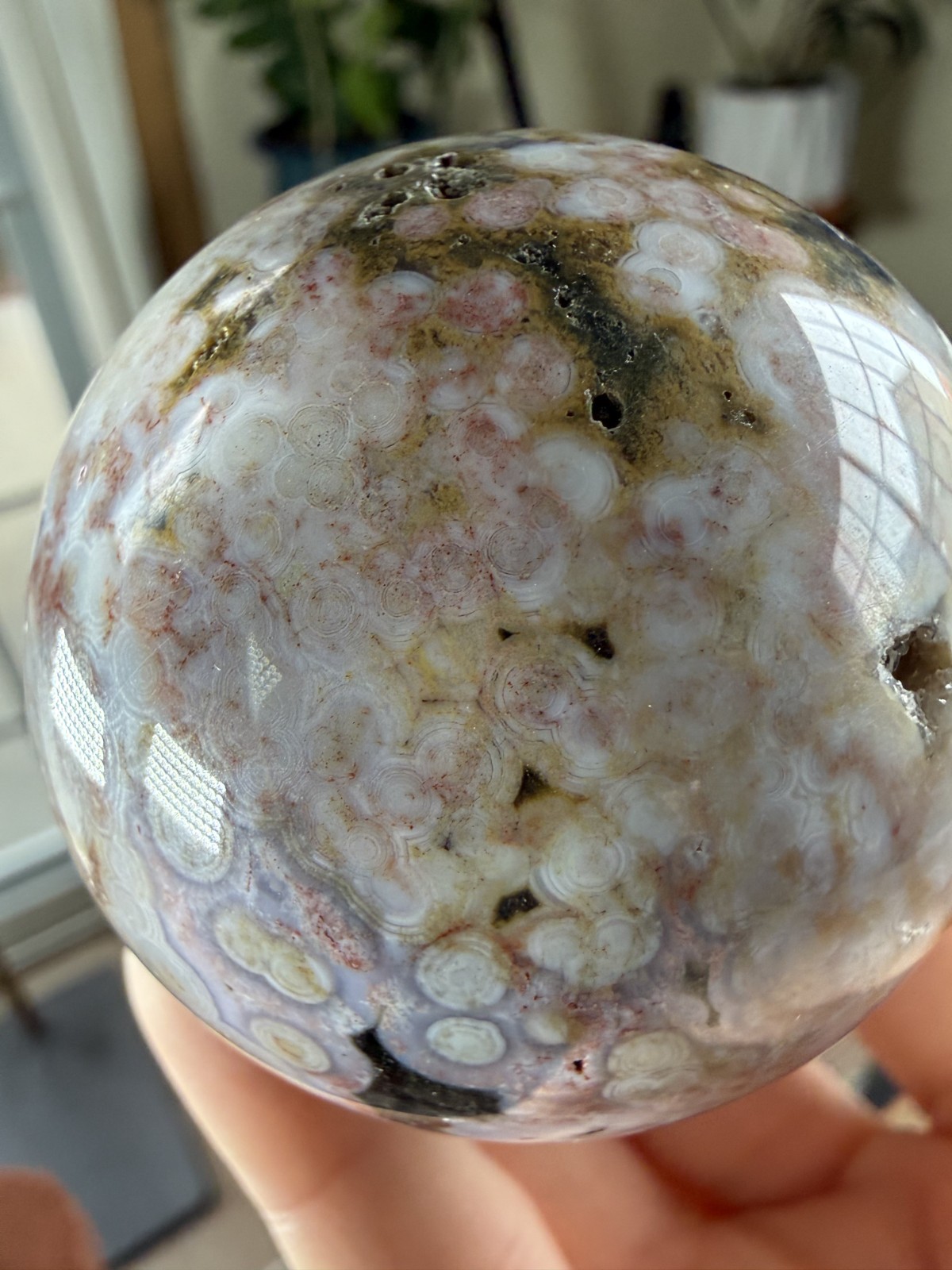 8th Vein Ocean Jasper Sphere – Pink, Green & White Orbs – 7.09 oz