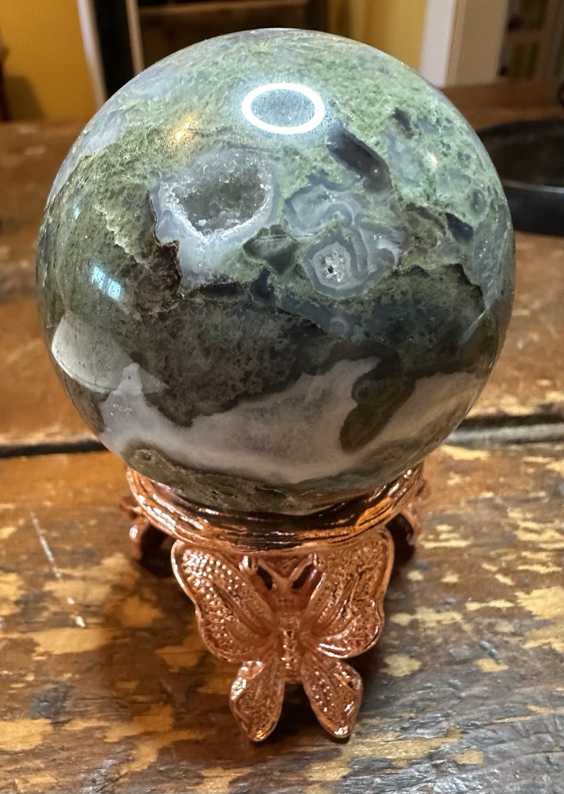 Green Moss Agate Sphere With Druzy And Butterfly Stand Free Shipping