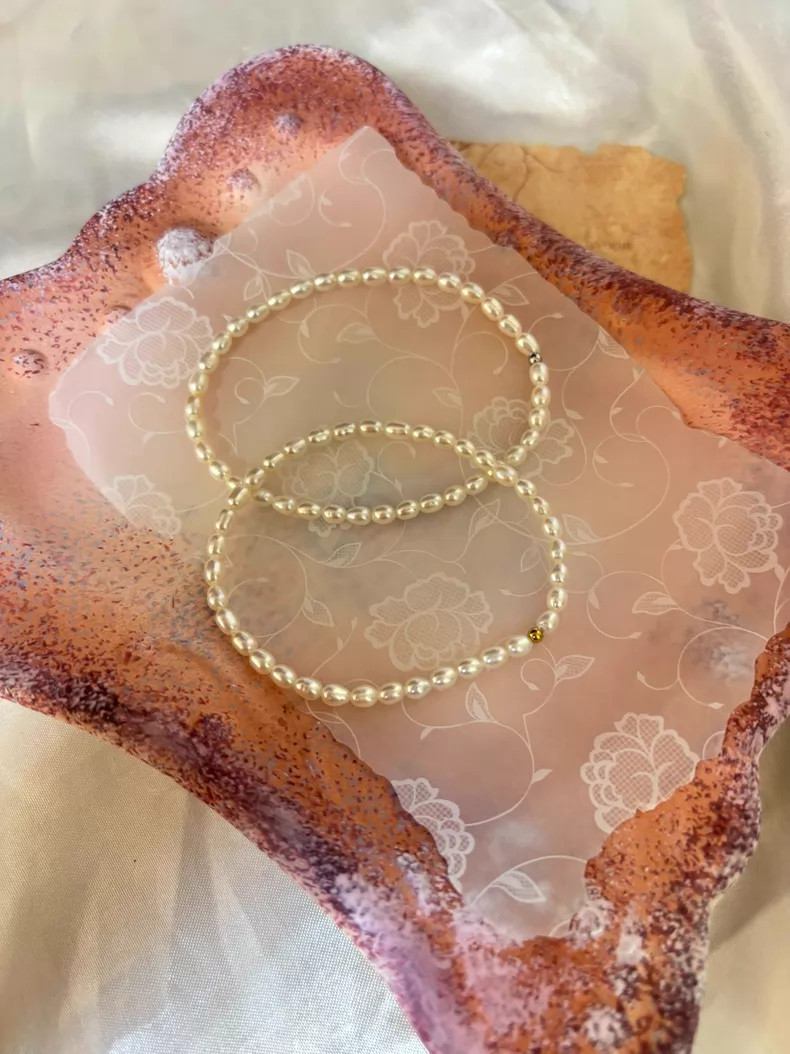 Natural 6A Aurora Pearl Bracelet, 3-3.5mm Rice Pearls, 925 Silver, Elastic