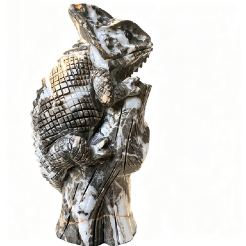 Hand Carved Natural Chocolate Stone Chameleon Figurine, Collectible Desk Decor