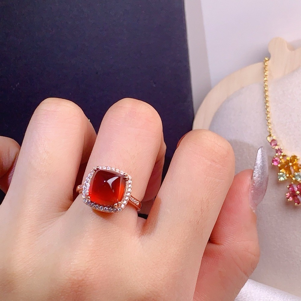 Natural Red Garnet Adjustable Ring Gemstone Jewelry S925 Silver Plated 18K Gold