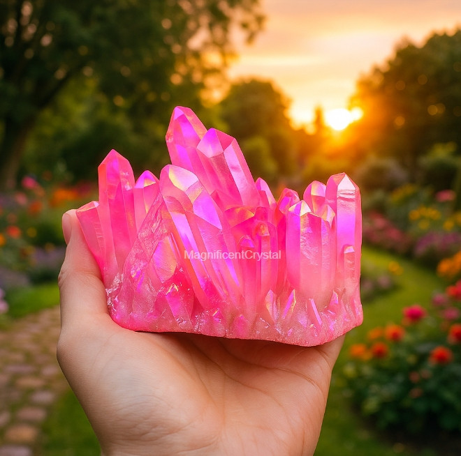 Angel Aura Pink Crystal Cluster Titanium Pink Quartz Gemstone Mineral Specimen