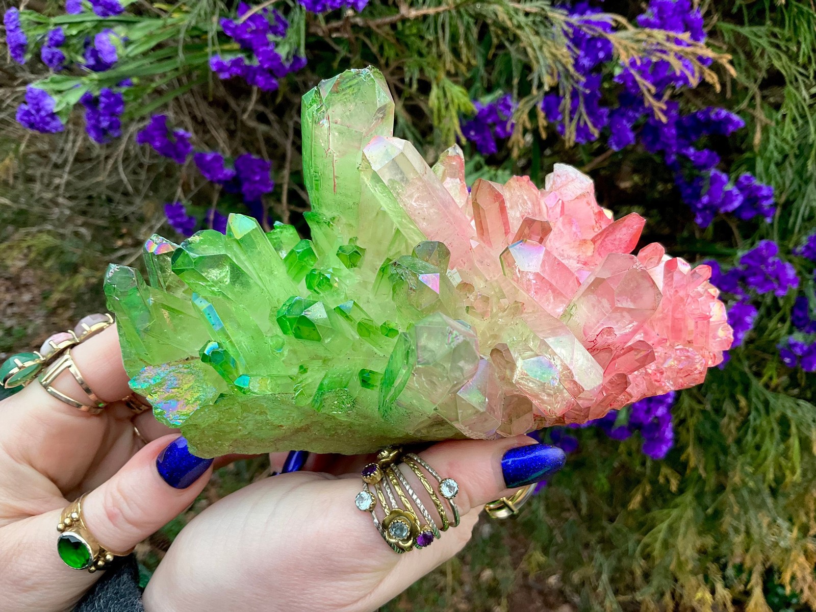 Pink & Green Aura Quartz Crystal Cluster ~ 1 Lb. 14 oz. ~ 6 1/2″ Long ~ Sparkli