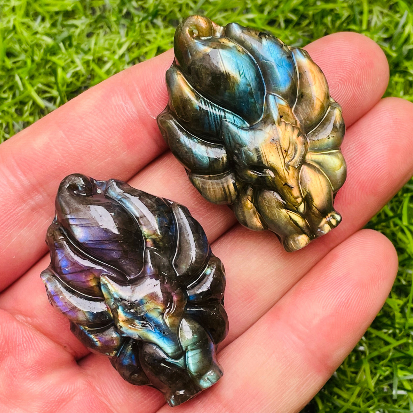 1Pc natural labradorite Quartz nine-tailed fox skull hand carved crystal 1.8″