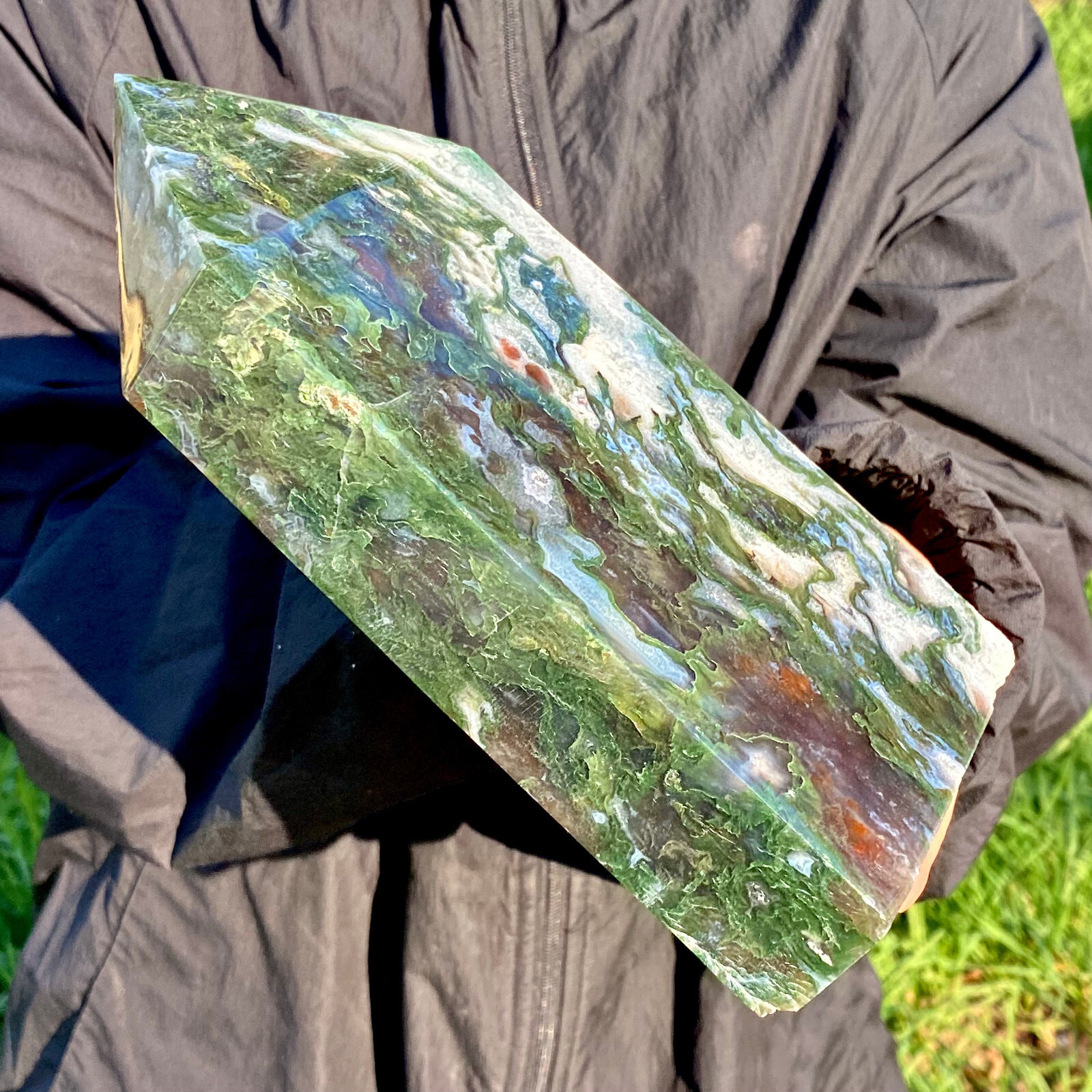 3.5LB Large Natural green druzy moss agate quartz obelisk crystal aura healing