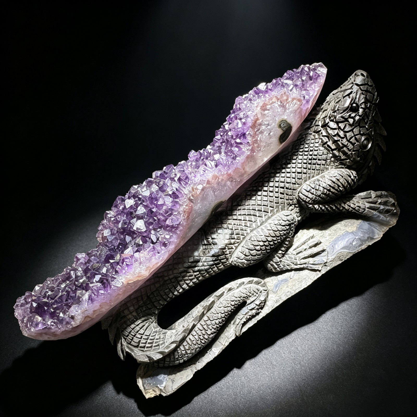 Hand Carved Amethyst Cluster Lizard Figurine Natural Crystal Reptile Sculpture 7