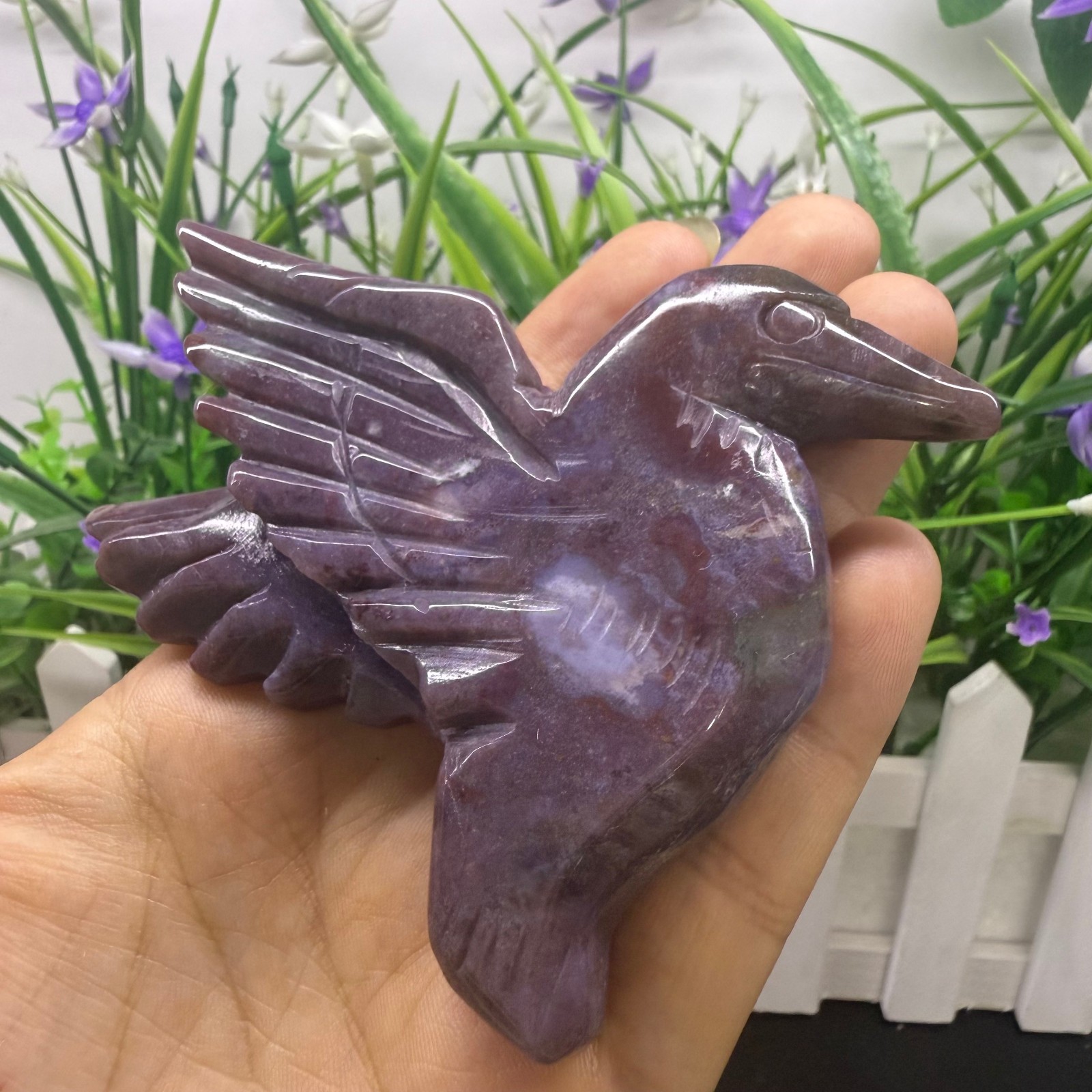 3.7″ natural ocean jasper Hummingbird Carved Reiki Crystal Skull Decor heal Gift