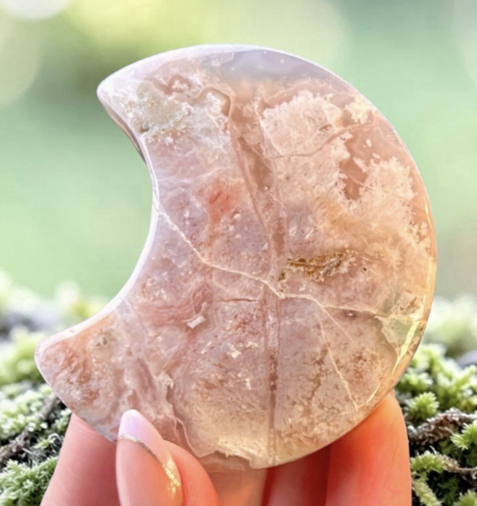 Pink Flower Agate Crescent Moon Set Aura Rose Quartz Heart Crystal Bundle 4pc