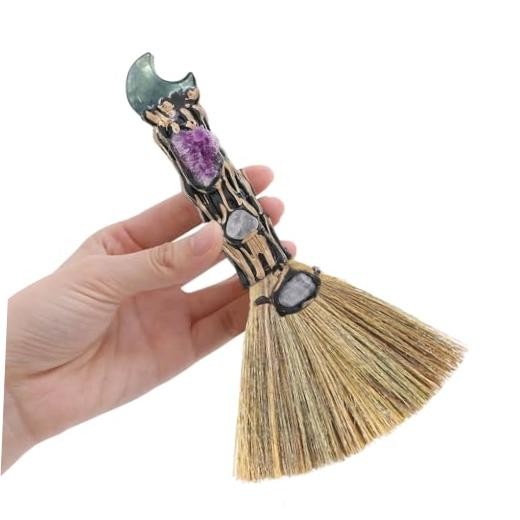 Witchcraft Supplies Witches Broom – Wiccan Decor with Moon Design Fluorite