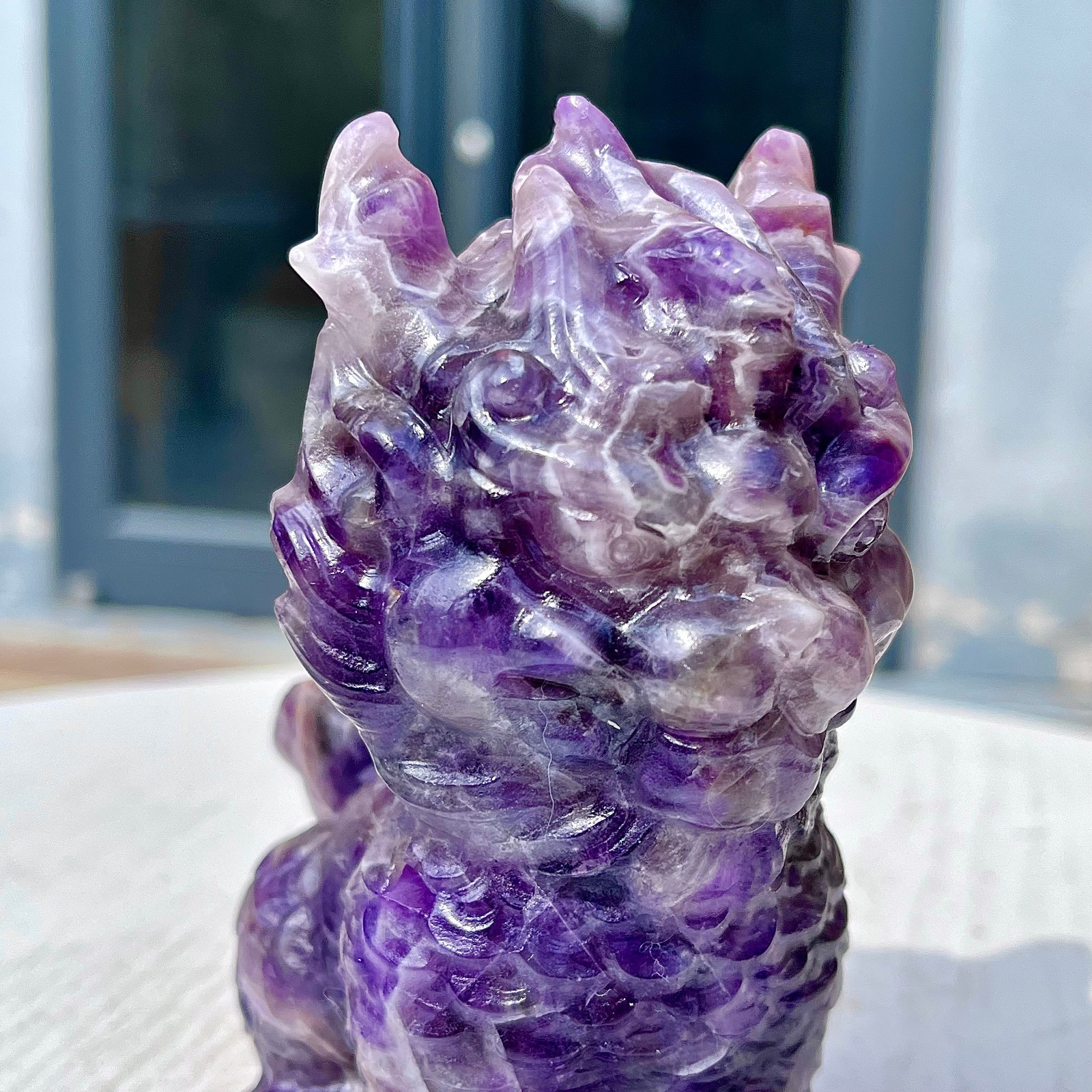 1.49LB Natural dreamy amethyst lion hand carved skull healing
