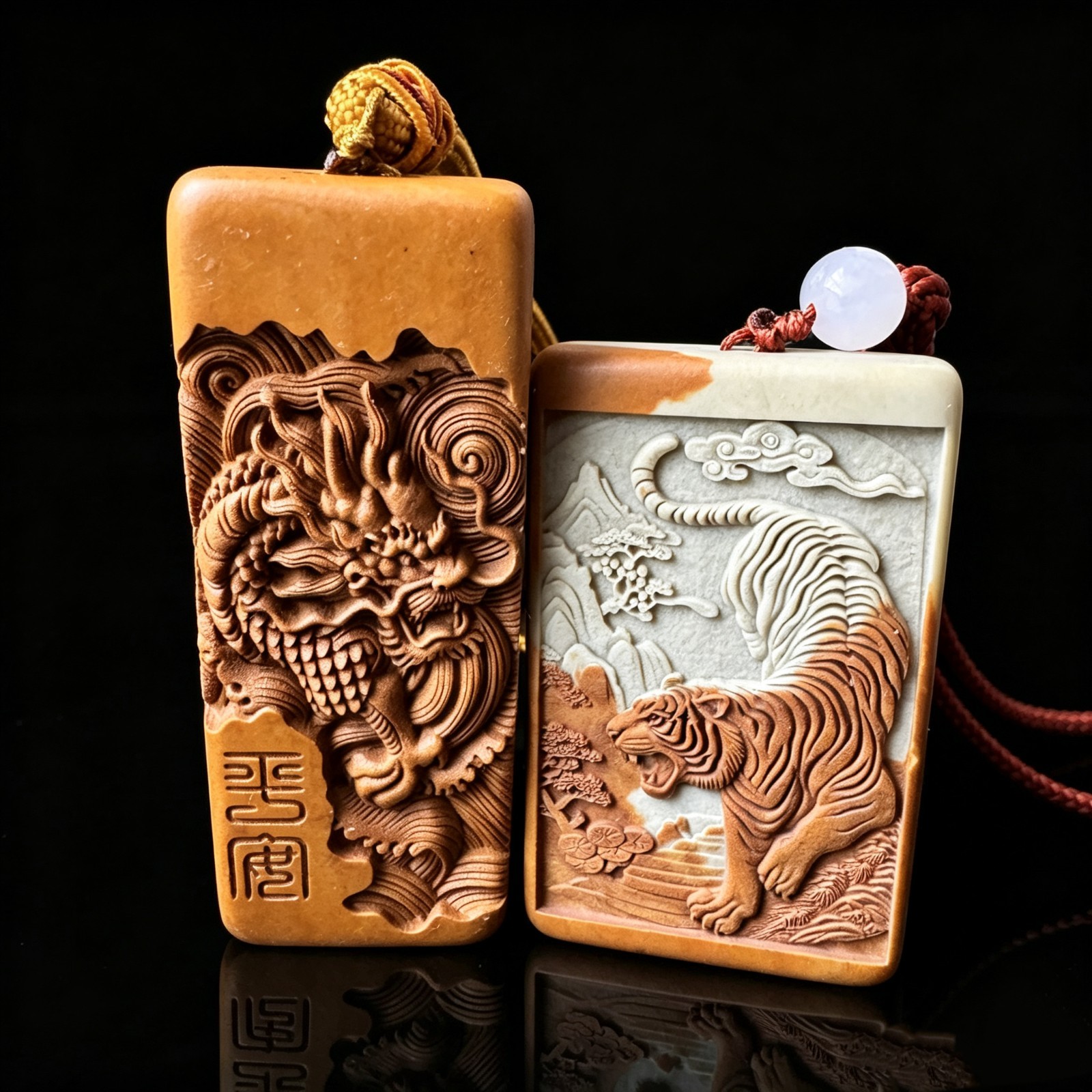 Natural Songhua Stone Double Sided Dragon Tiger Pendant Fine Carved Worry Stone