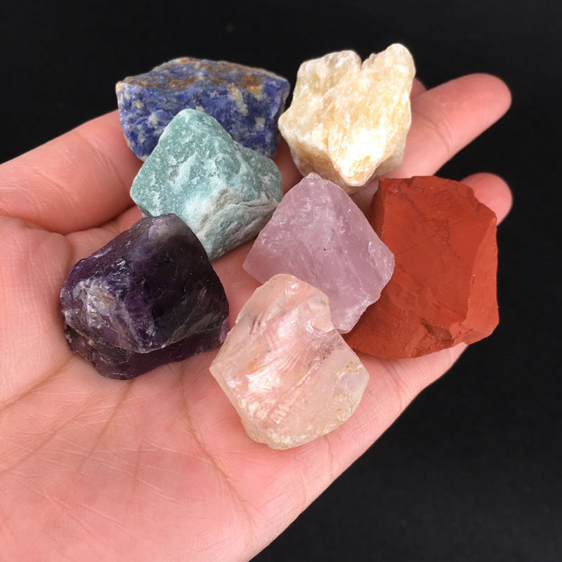 7 Stones Chakra Set Seven Medium Rough Natural Raw Crystal Kit & Pouch