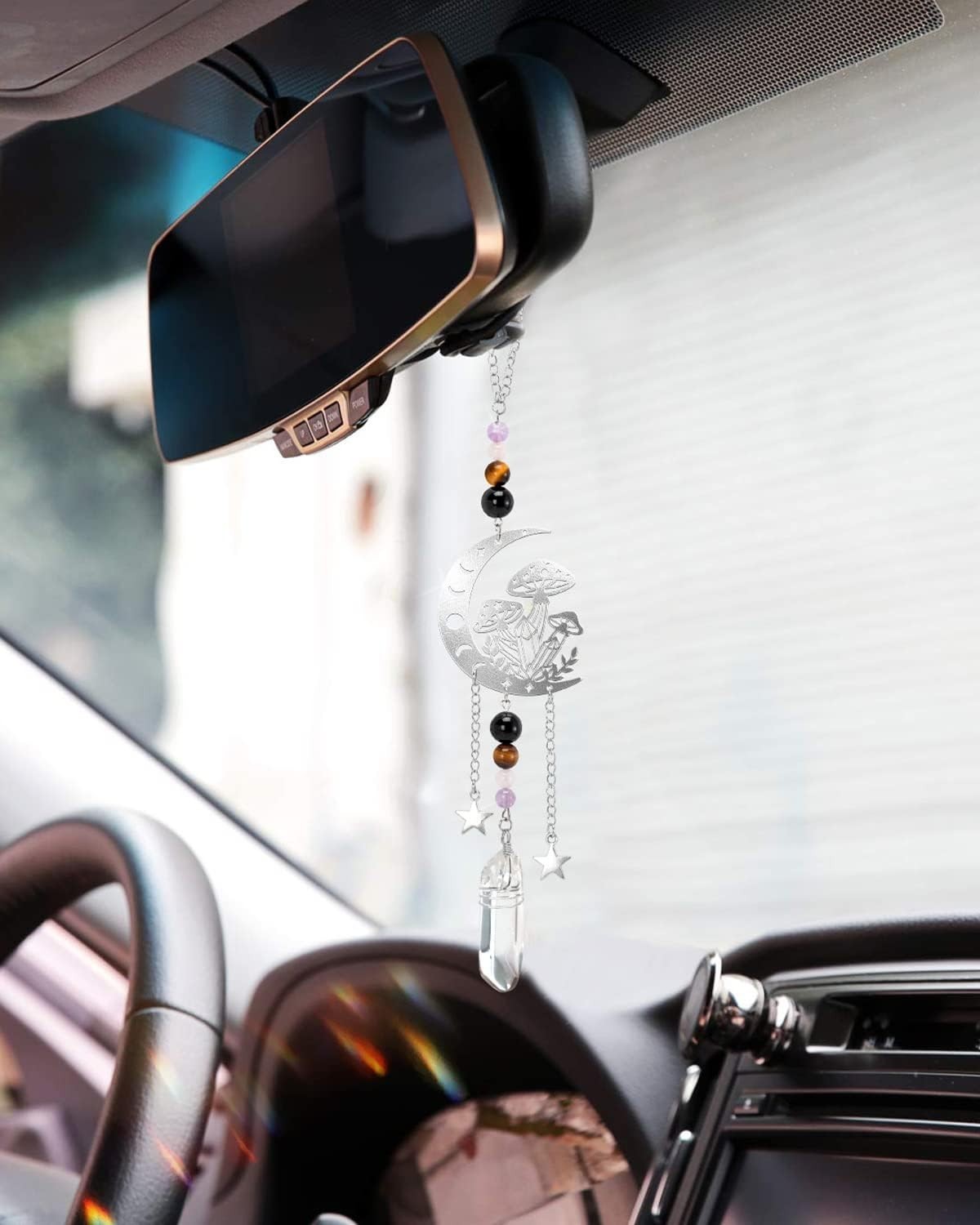 Tuitessine Mushroom Crystal Car Mirror Hanging Charm Quartz Amethyst Decor