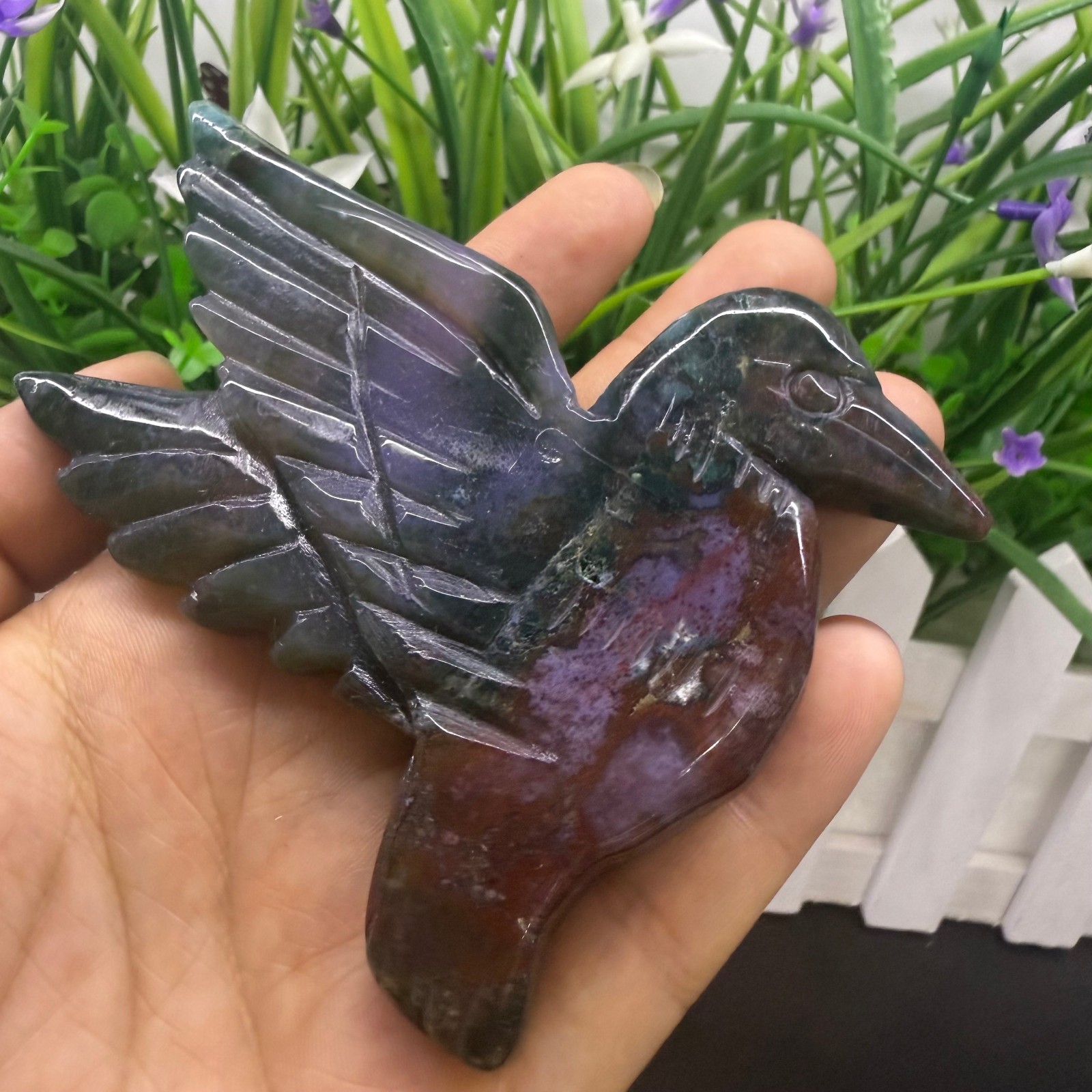 3.7″ natural ocean jasper Hummingbird Carved Reiki Crystal Skull Decor heal Gift