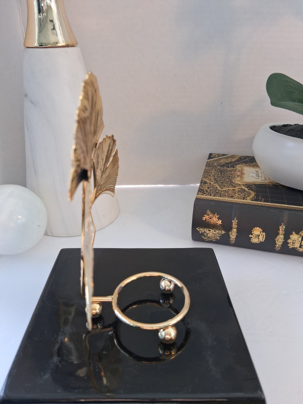 Butterfly Ginko Leaf Gold Tone Sphere Holder; w/ Solid White Quartz Sphere; New!