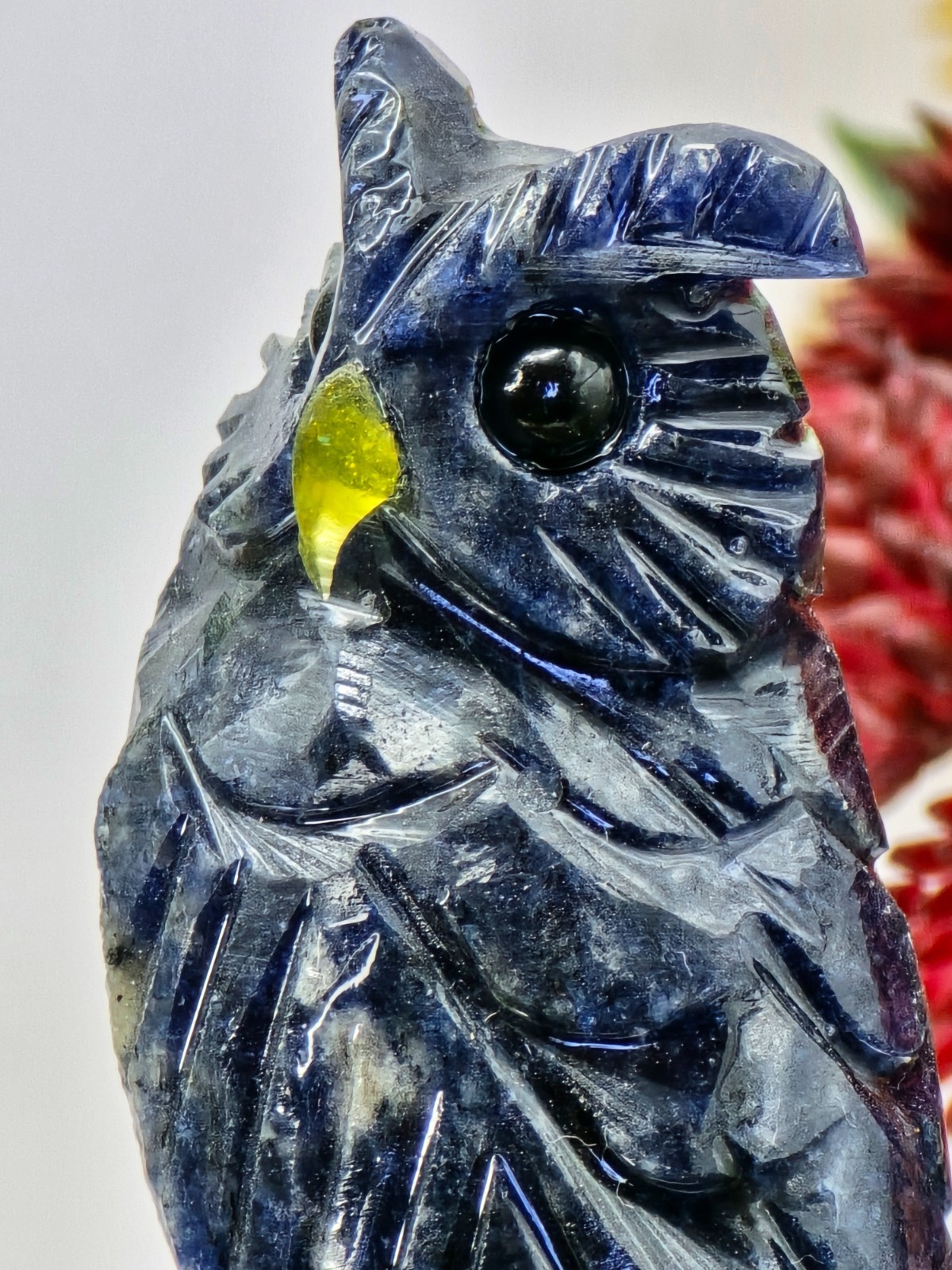 Dark Blue Hand Carved Owl on Crystal Base 4″ Natural Stone Bird