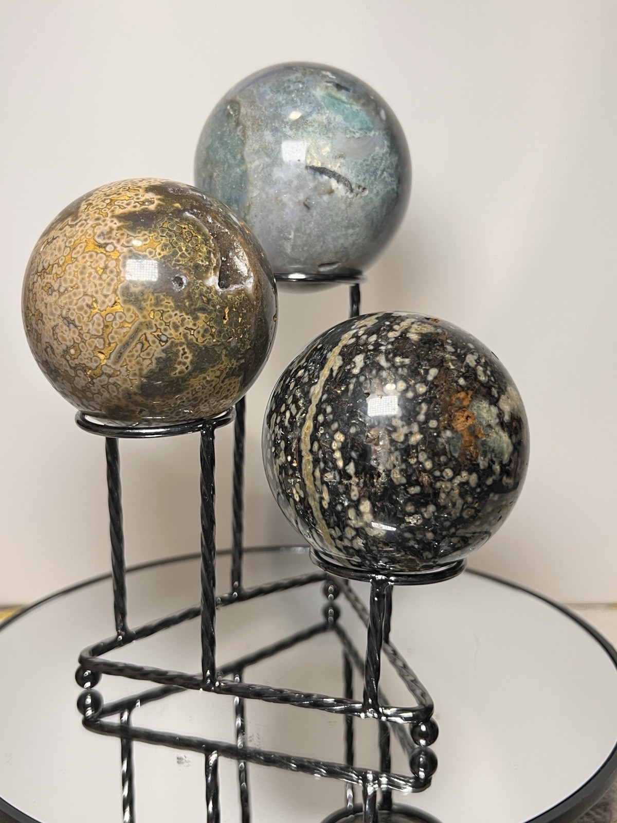 Ocean Jasper 3 Piece Sphere Set with Holder 63mm-67mm -See Pics for Measurements