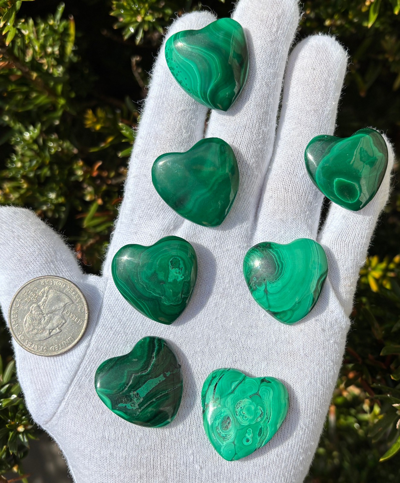 USA SALE 67g LOT 7 MALACHITE POLISHED SMALL HEARTS HEART POCKET PALMSTONE PALM