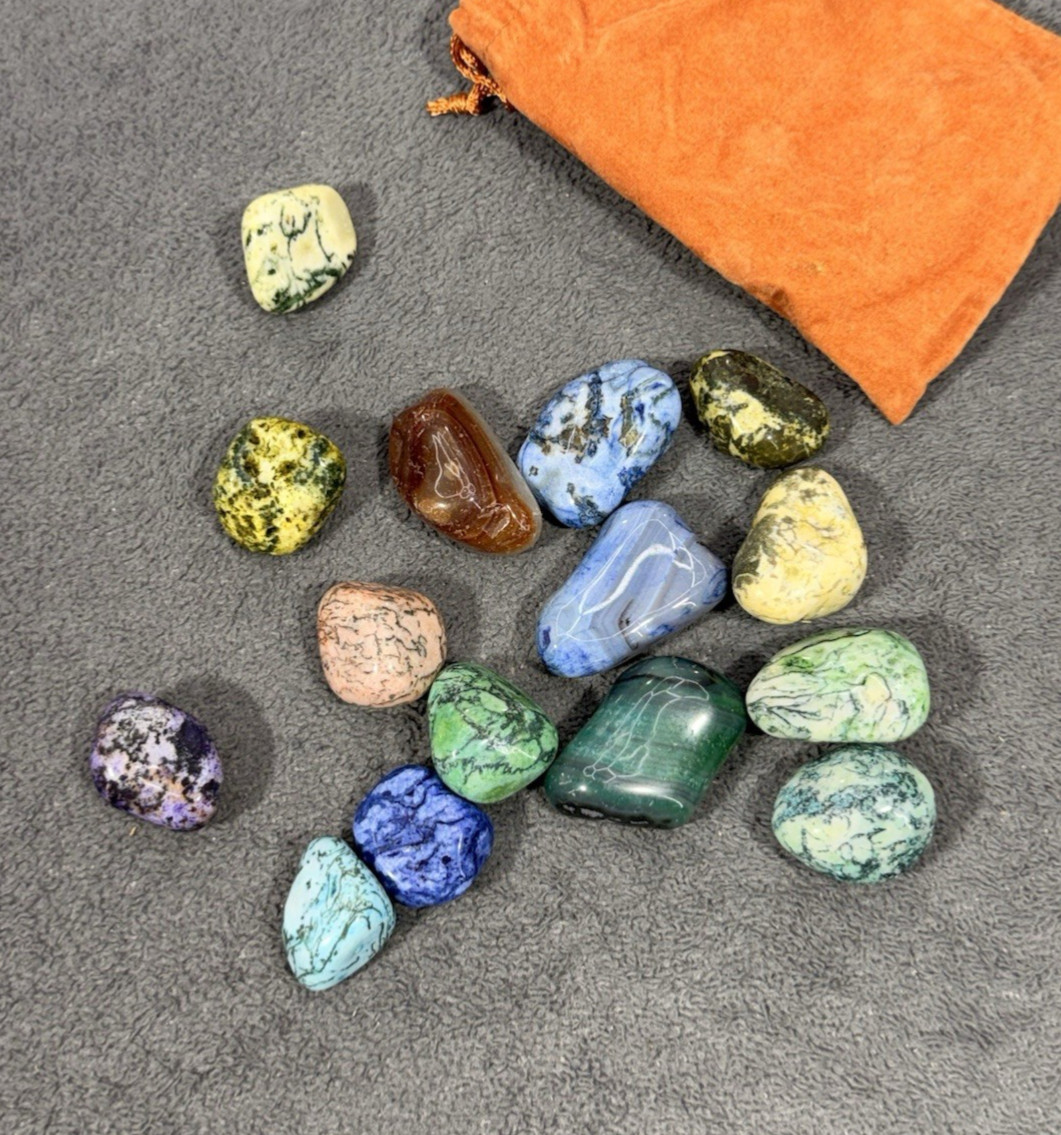 Lot 13 Set Natural Tumbled Stone Mix Rock And Quartz Rose Chakra Healing & Pouch