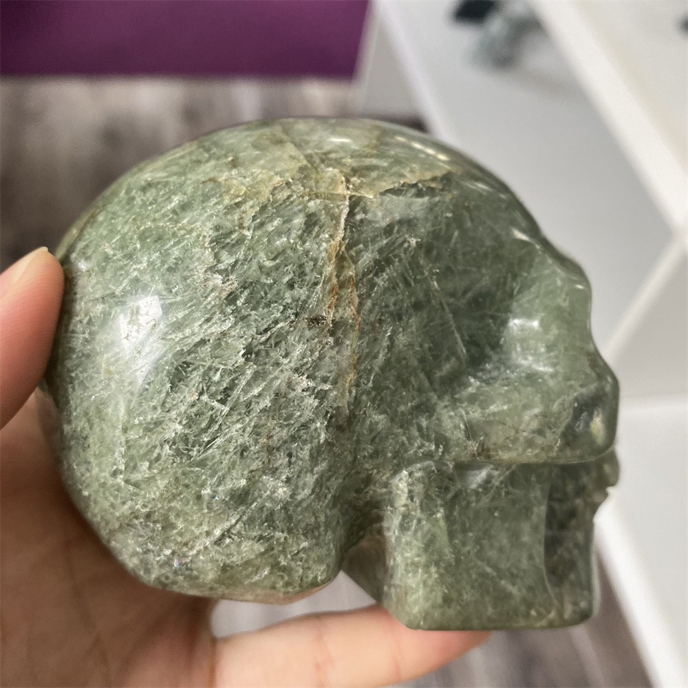 1.7LB 4″Natural A+Green Rutiled Quartz Skull Statue Crystal Reiki Carving Decor