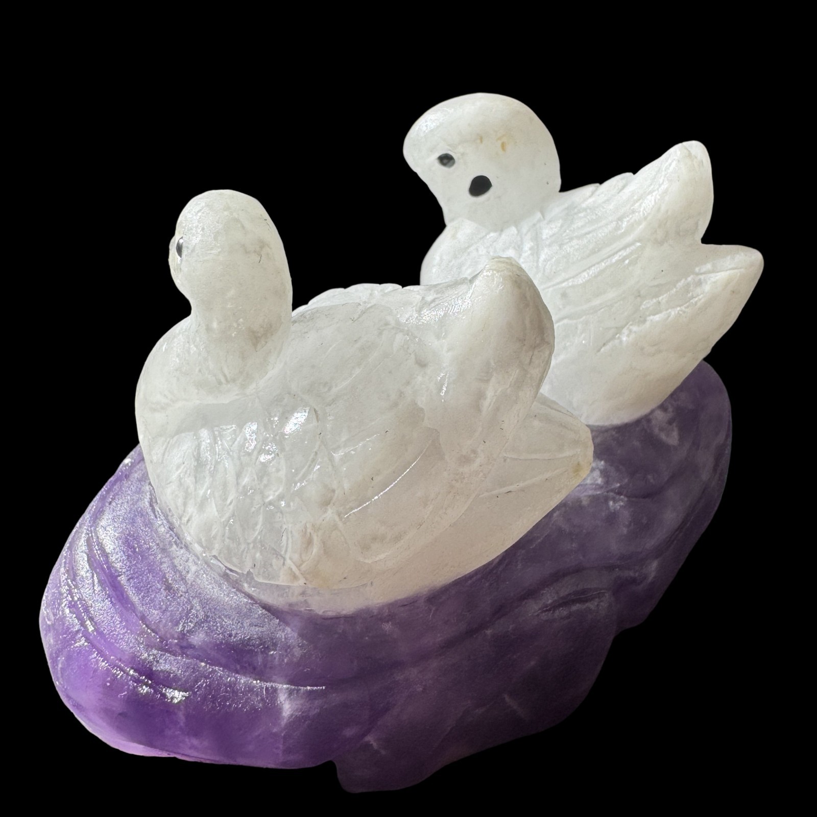 441gTwin Swan Amethyst Sculpture: Soulmate Talisman Carved from Peaceful Stone