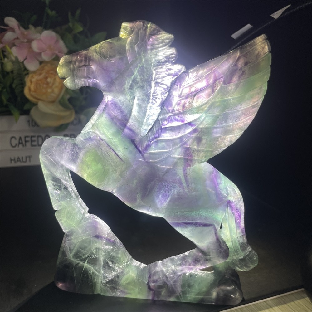 1.9LB 6.8″ Natural Rainbow Fluorite Horse Carved Crystal Quartz Statue Decor