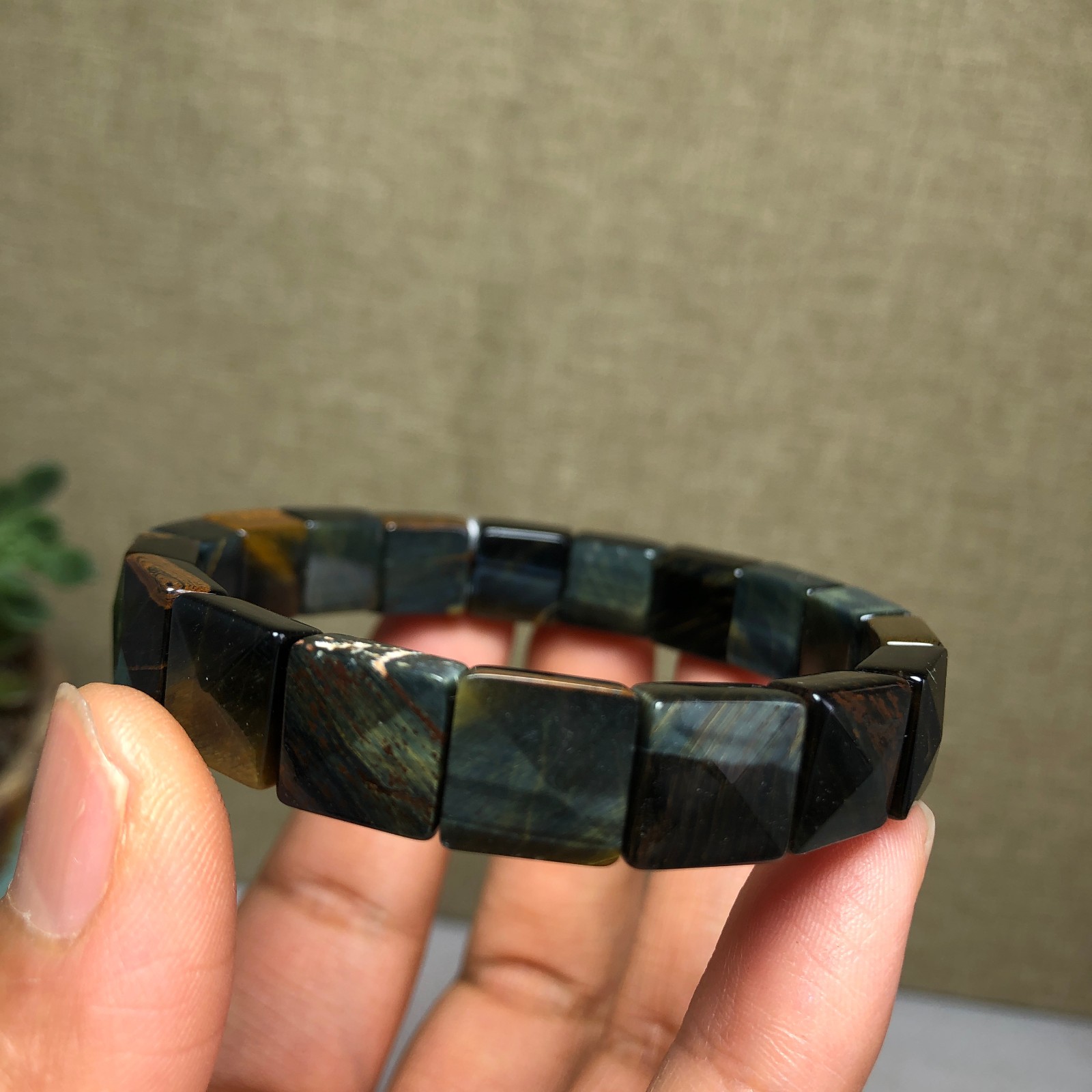 Rare Natural yellow blue tiger eye Crystal chain aspect beads bracelet 26g A4757