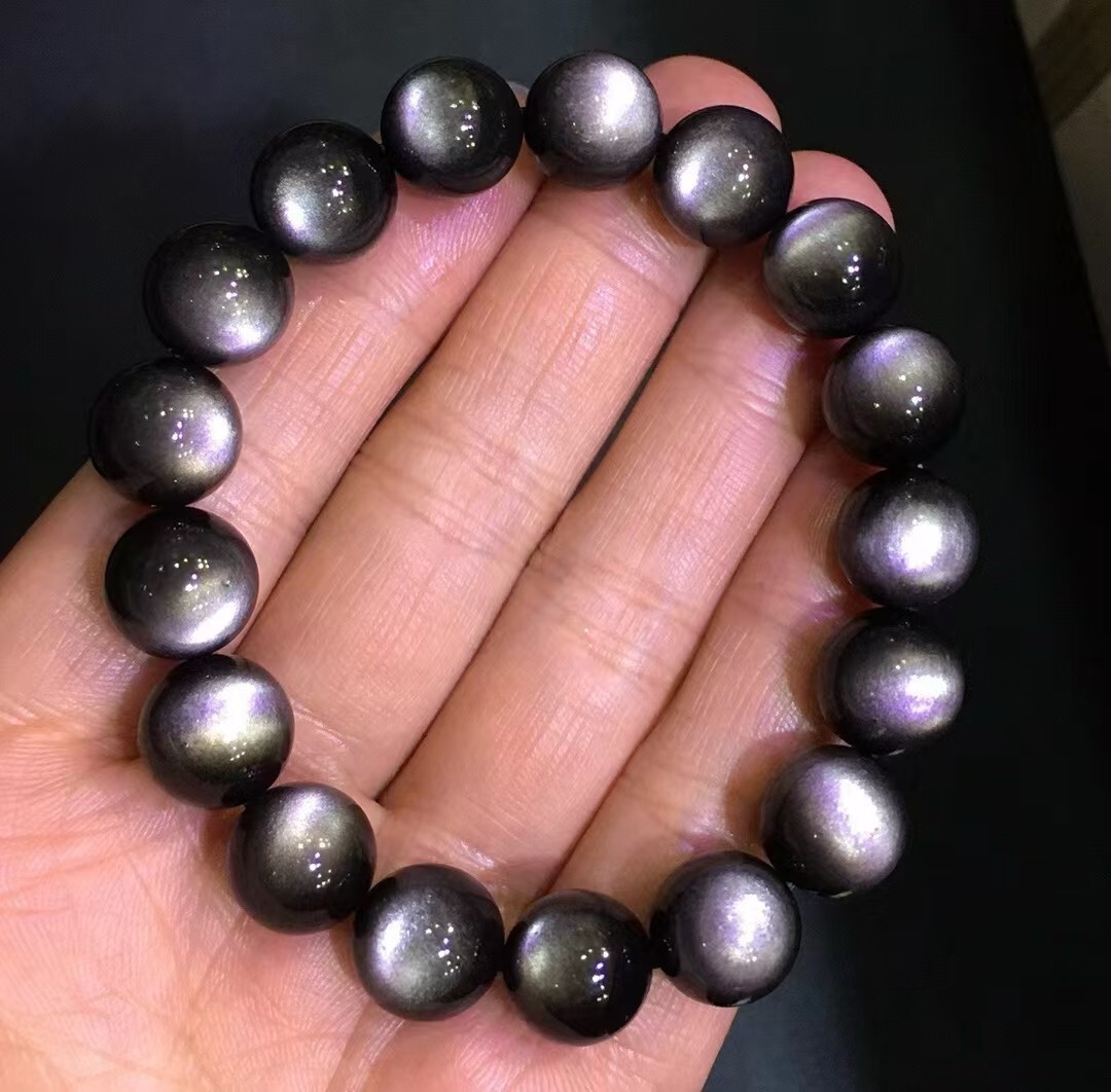 12mm Natural Silver Obsidian Gemstone Crystal Round Bead Bracelet AAA