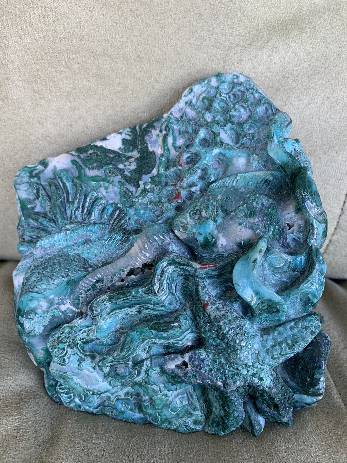 Large Chrysocolla in Quartz Fish And Starfish Gemstone Carving Sculpture