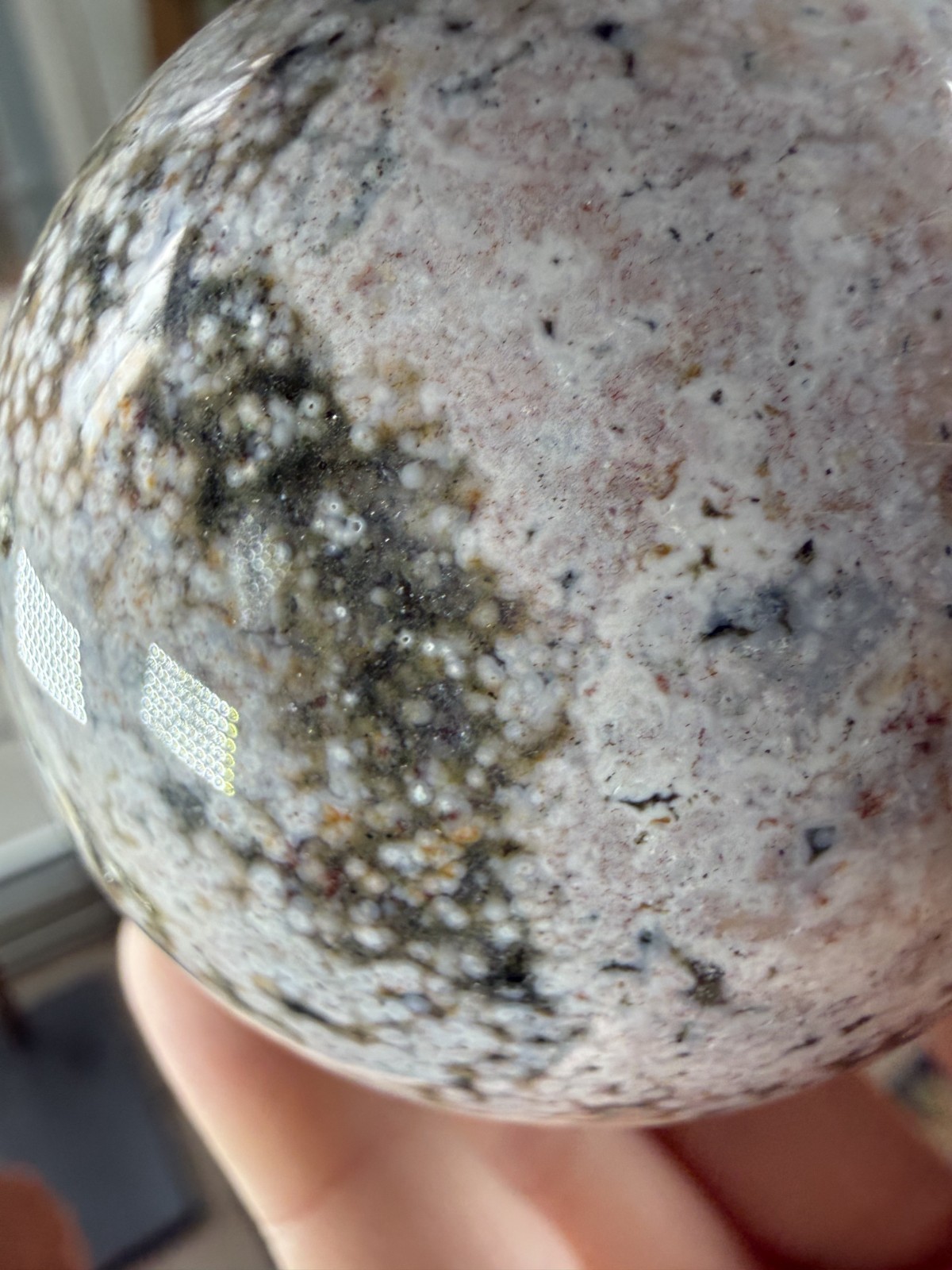 8th Vein Ocean Jasper Sphere – Druzy – Pink, White, Blue & Green Orbs – 9.91 oz