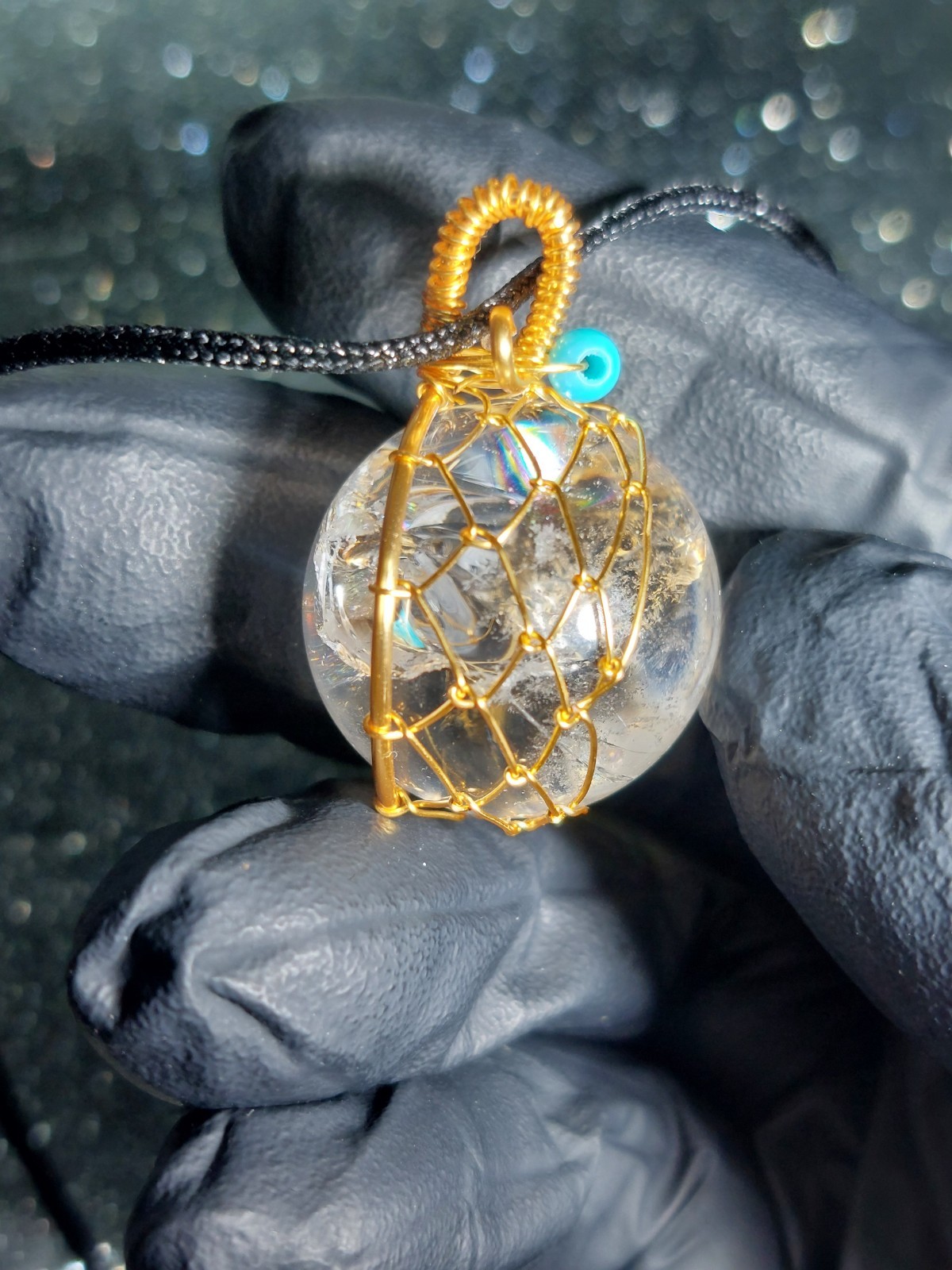 Clear Quartz Sphere Necklace 21mm Gold Wire Wrap – Rainbow High Quality