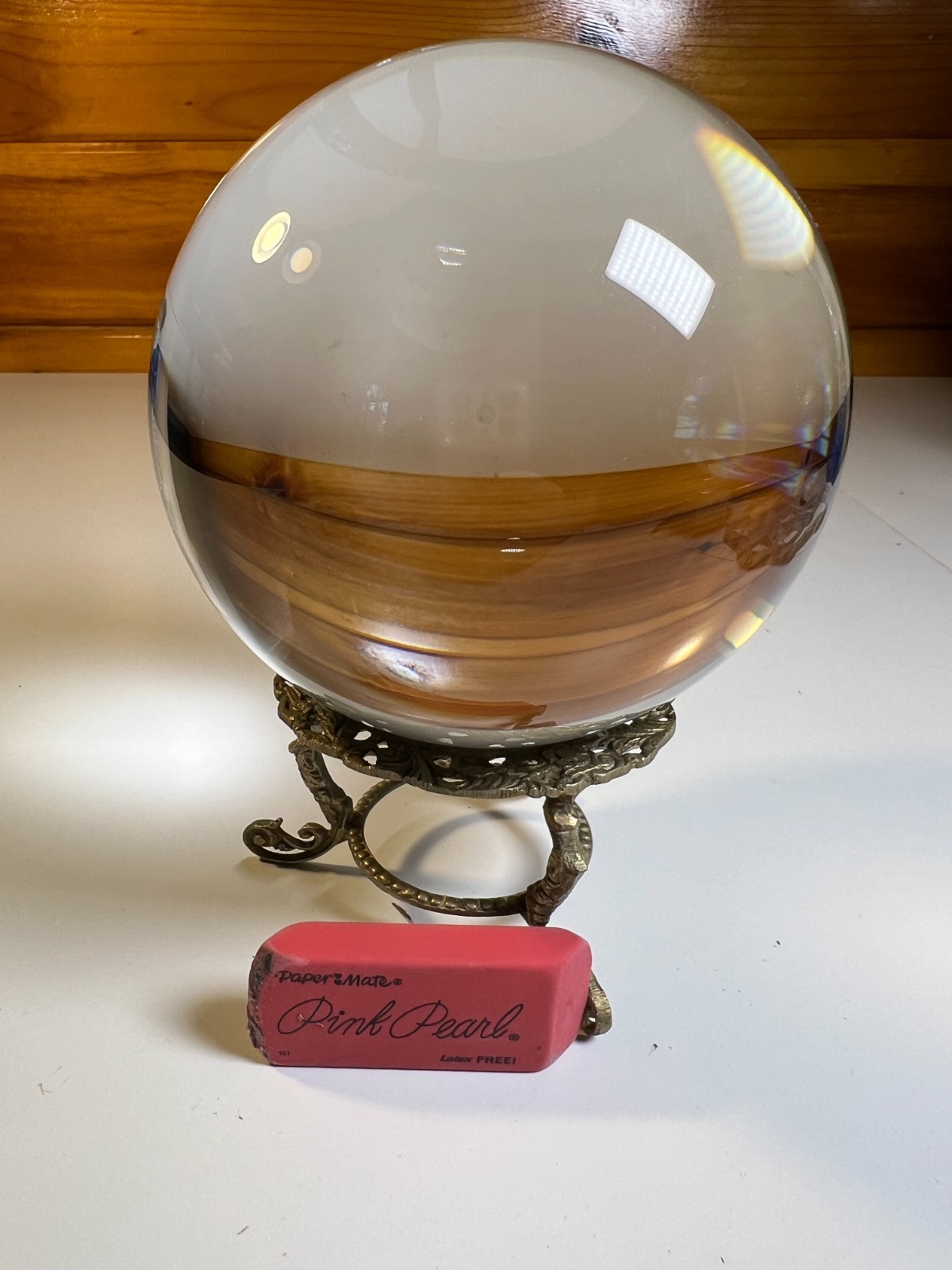 Antique Rococo Crystal Ball Ornate Brass Stand 4.75″ c 1890–1910