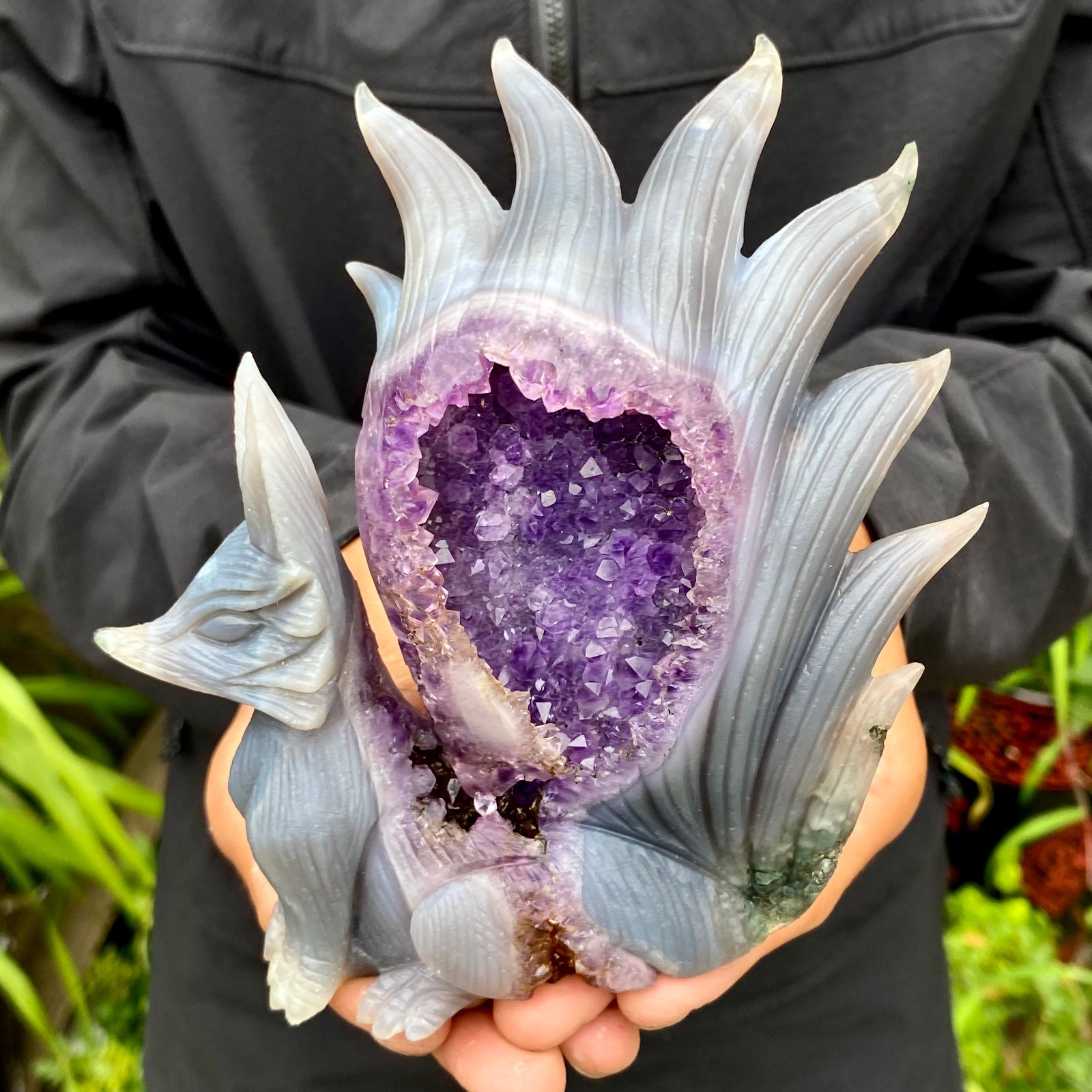 1.49LB Natural Agate Geode Hand Carved Nine-tailed Fox Quartz Crystal Decor