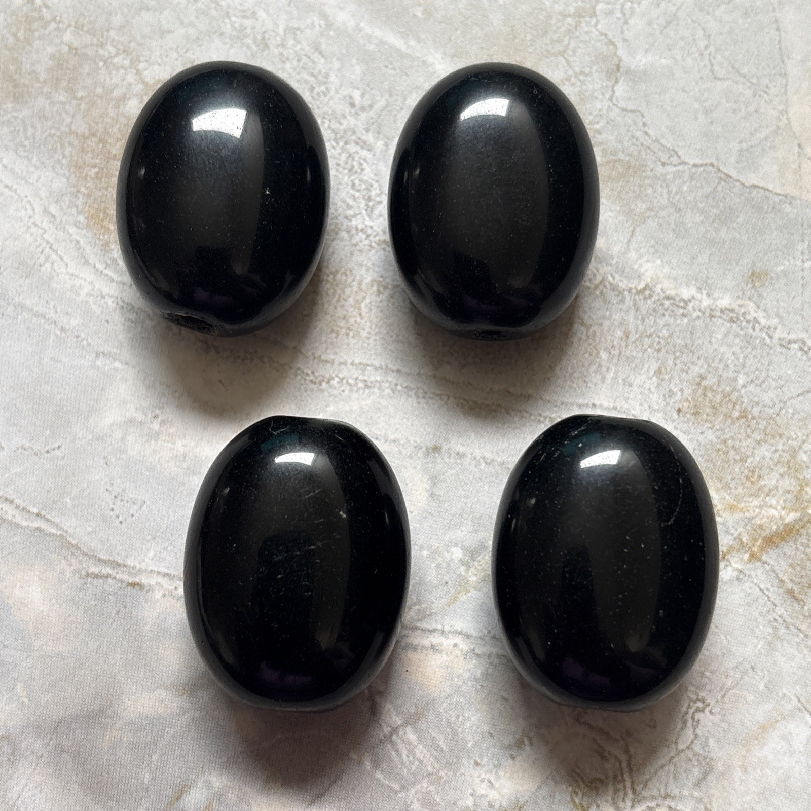30mm Polished Black Obsidian Oval Beads Set of 4 Drilled Necklace Stones Holes