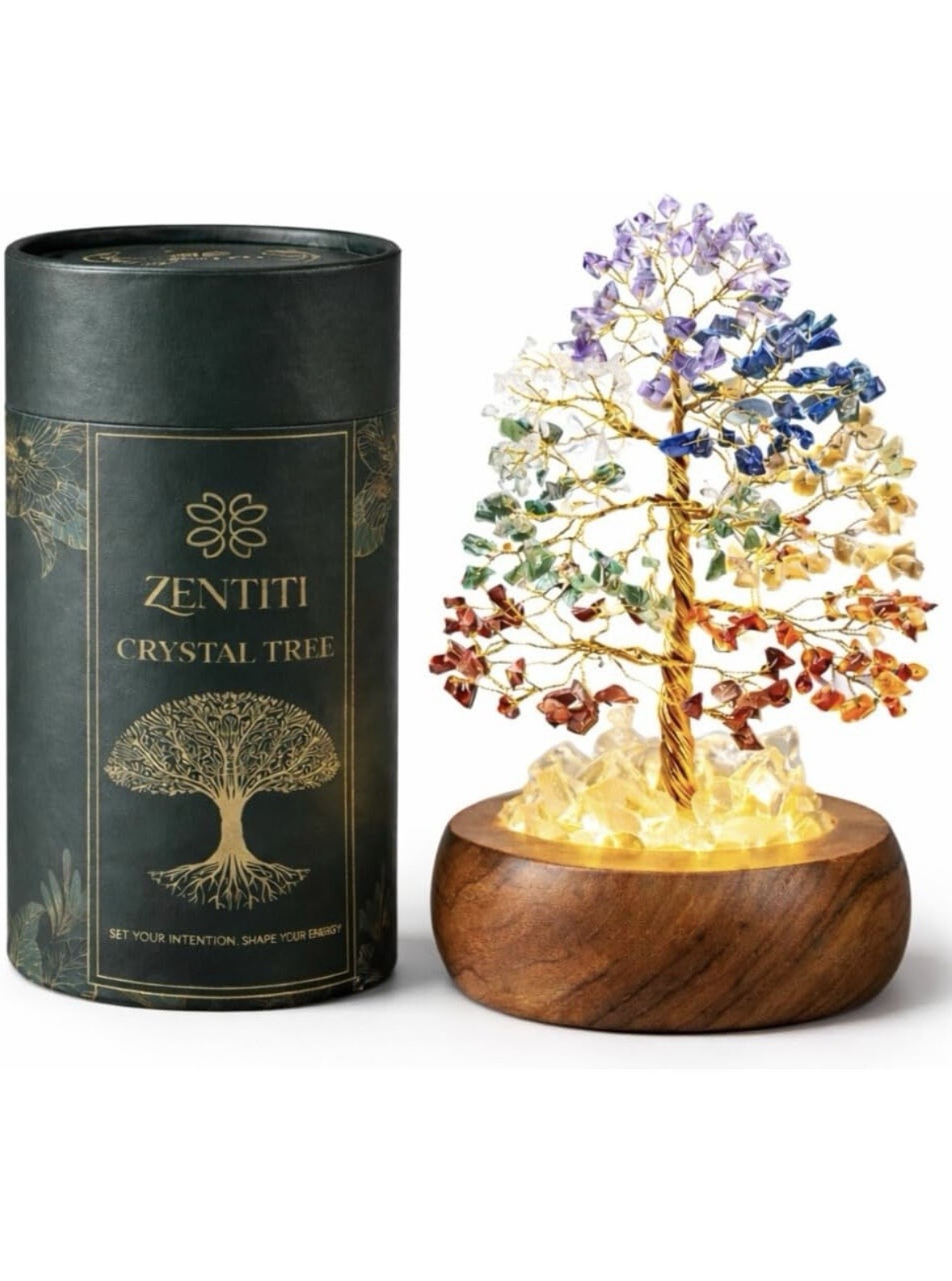 7 Chakra Crystal Tree Of Life Healing Crystal Acacia wooden Base Light/Lamp ￼