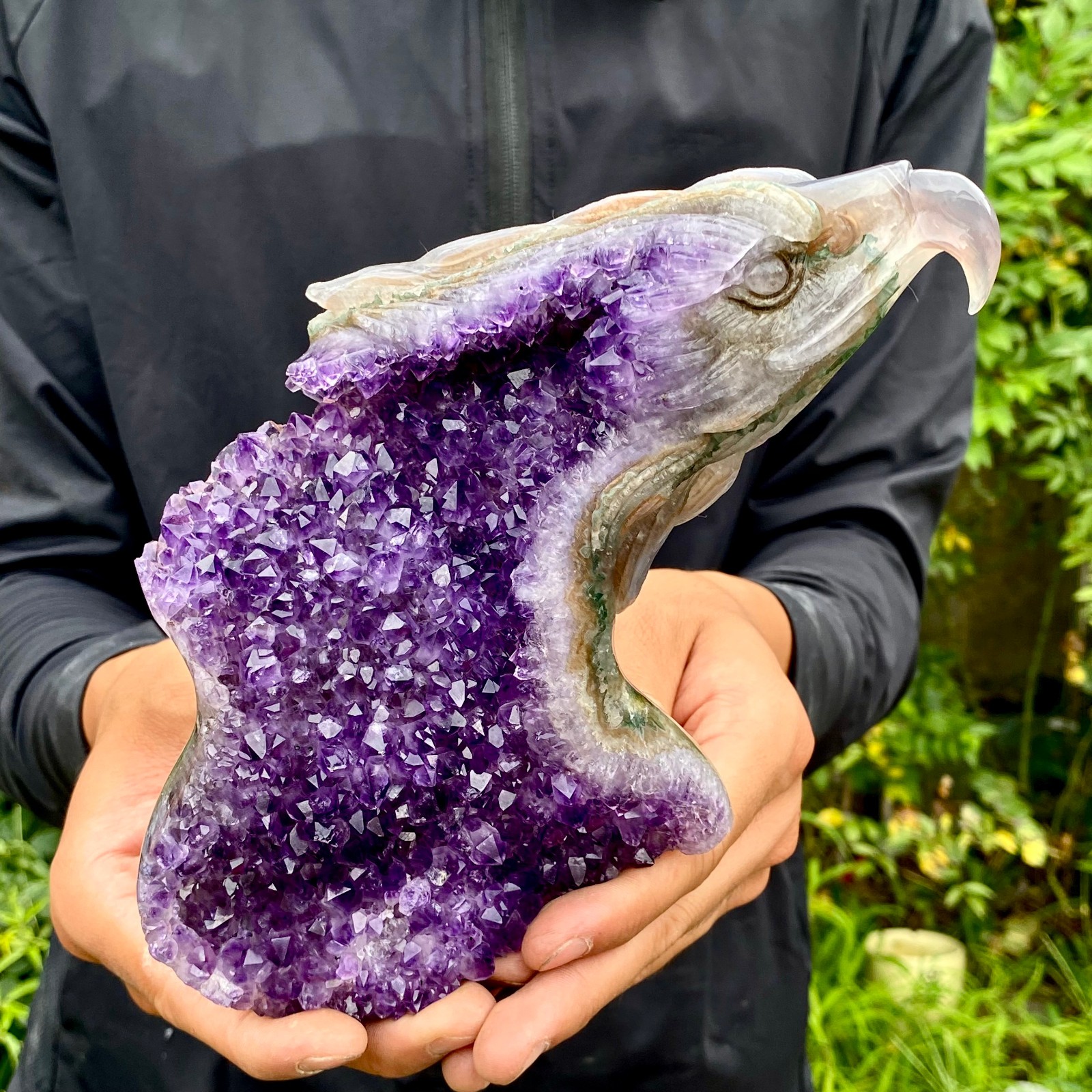2.2LB Natural Banded Agate Geode Eagle Head Hand Carved Stone Ornament for Coll