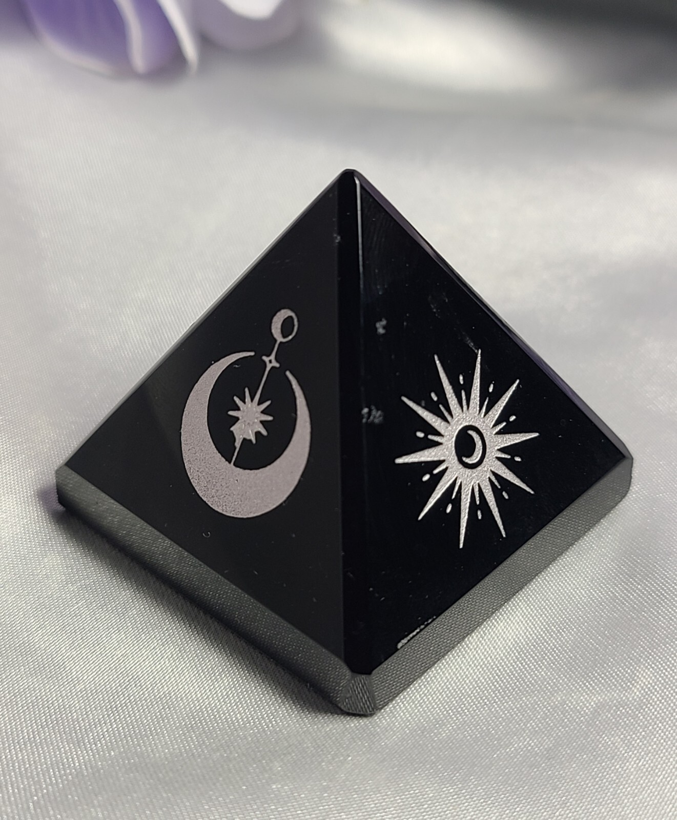 1.7″ Black Obsidian Sphere Crystal Pyramid Silver Engraved Moon & Stars Wiccan