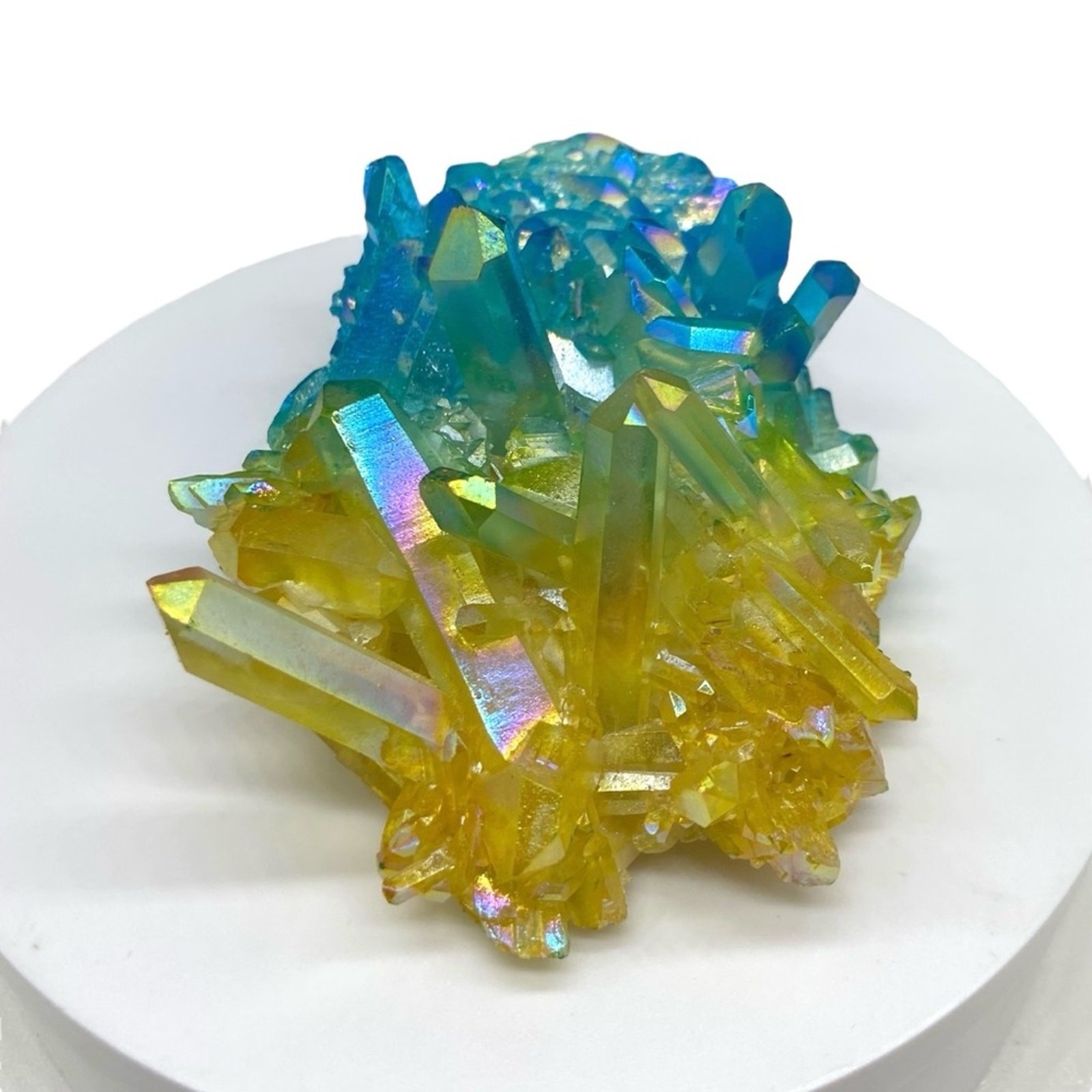 Aura Quartz Crystal Cluster Yellow Blue Clear Iridescent Stone Display Gift