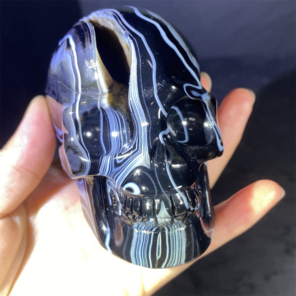 0.8LB 3.2″ A+Geode Black Sardonyx Agate Skull Statue Crystal Reiki Carving Decor