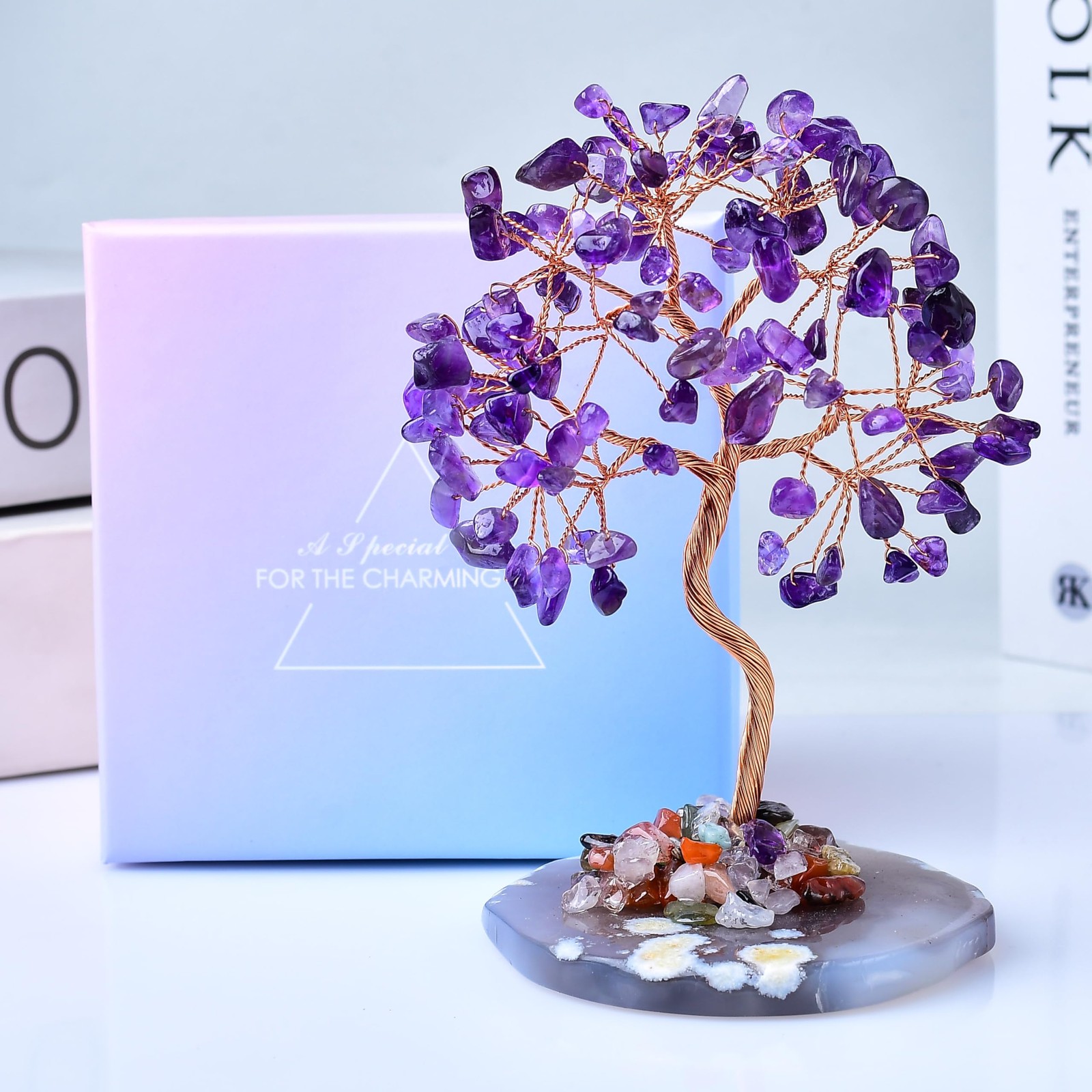Natural Amethyst Healing Crystal Tree of Life with Agate Base, Handmade Spiri…