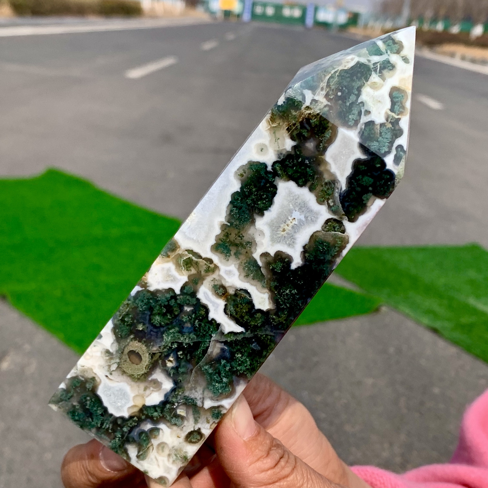 1.26LB Natural green moss agate quartz obelisk crystal aura healing
