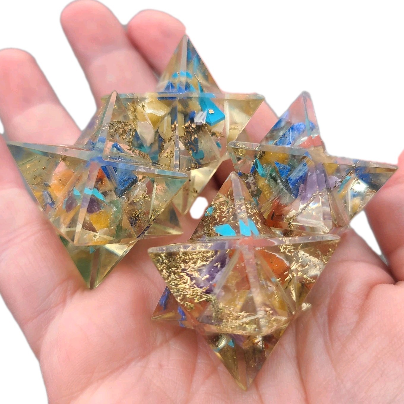 Lot 4 Vintage Merkaba Stars Lucite Acrylic Blue With Gold Leaf Kappa Healing 1″