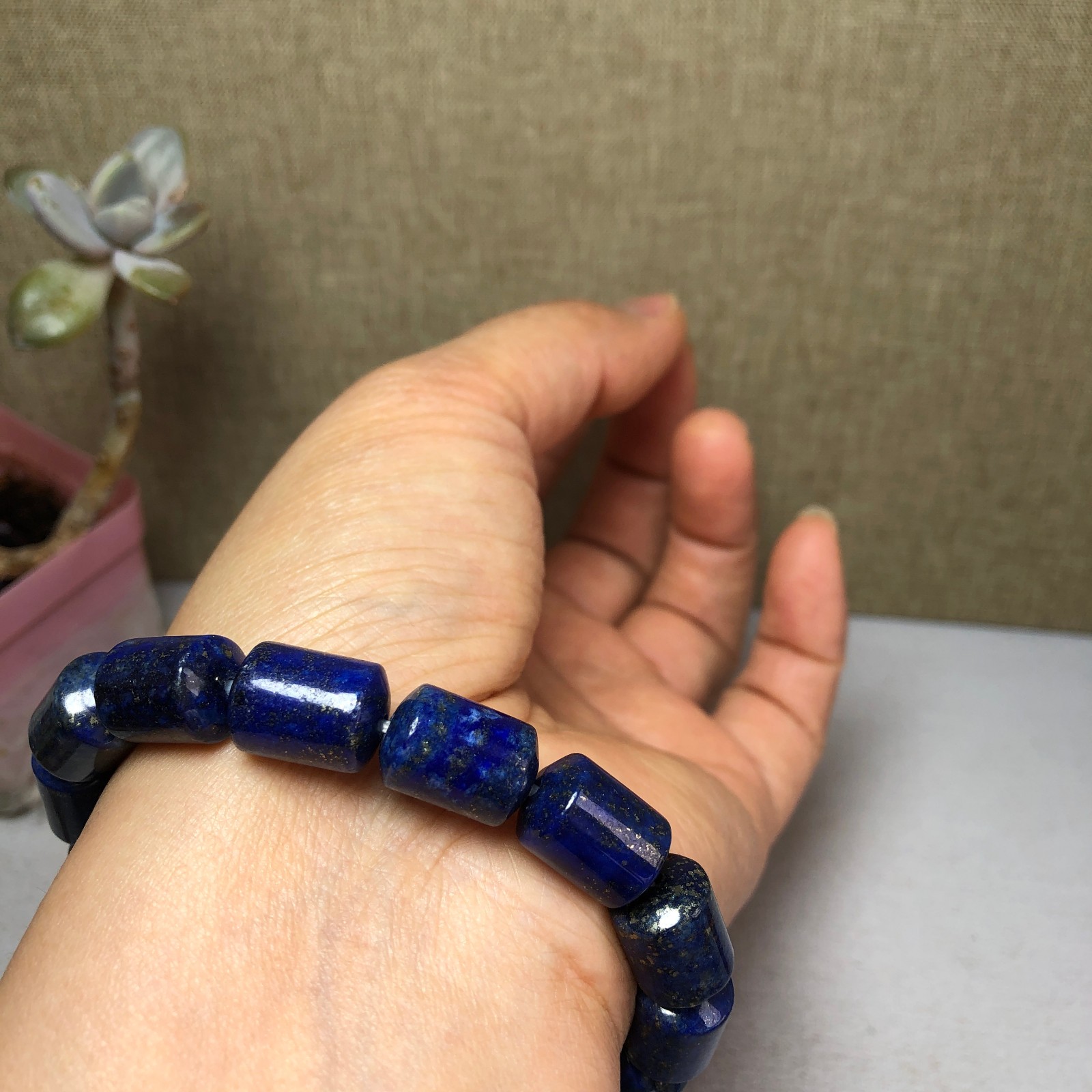 Natural lapis lazuli Bracelet Brown Gemstone Stretch Bucket bead Handmade A3703