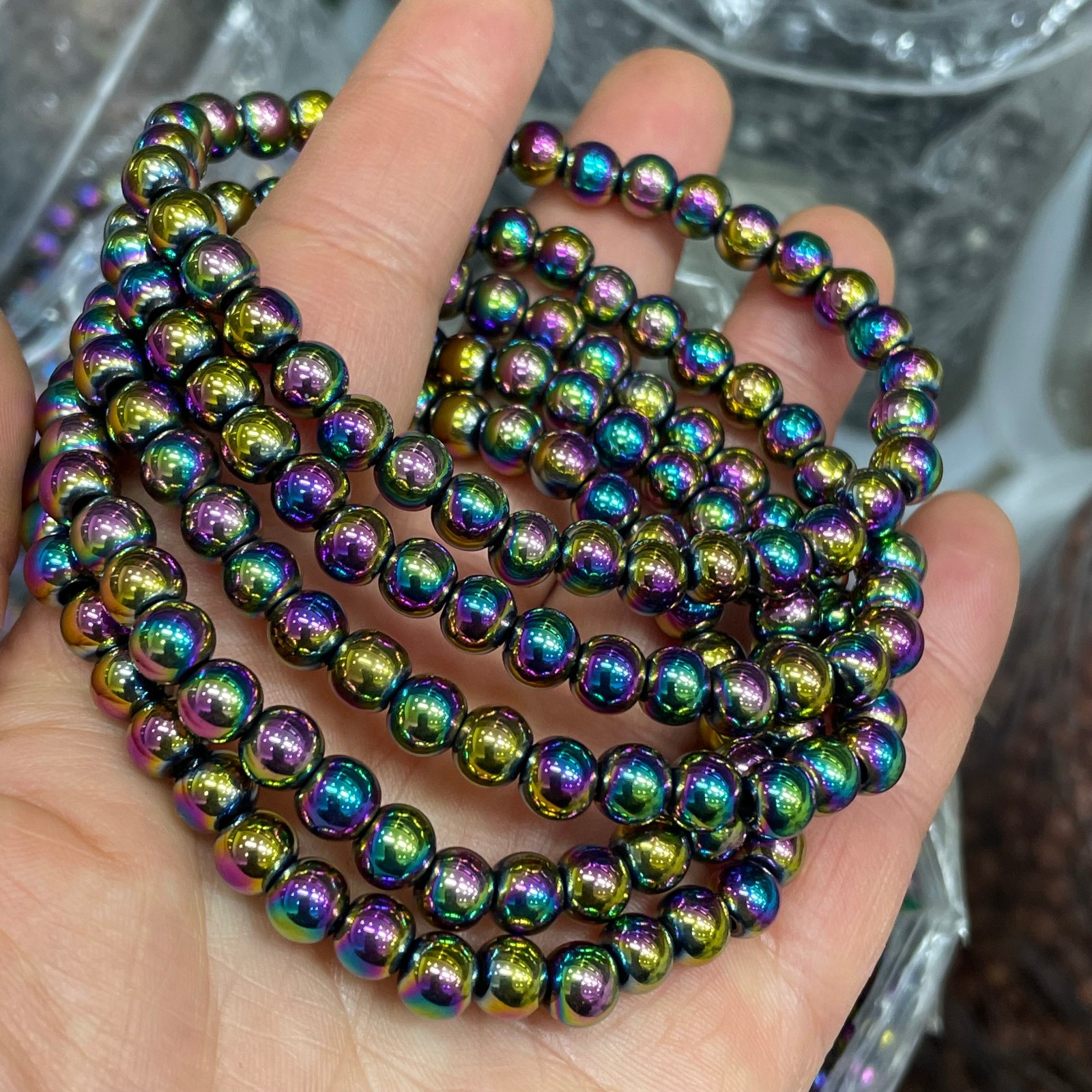6mm 10pcs Wholesale Rainbow Hematite Beaded Stretch Bracelet