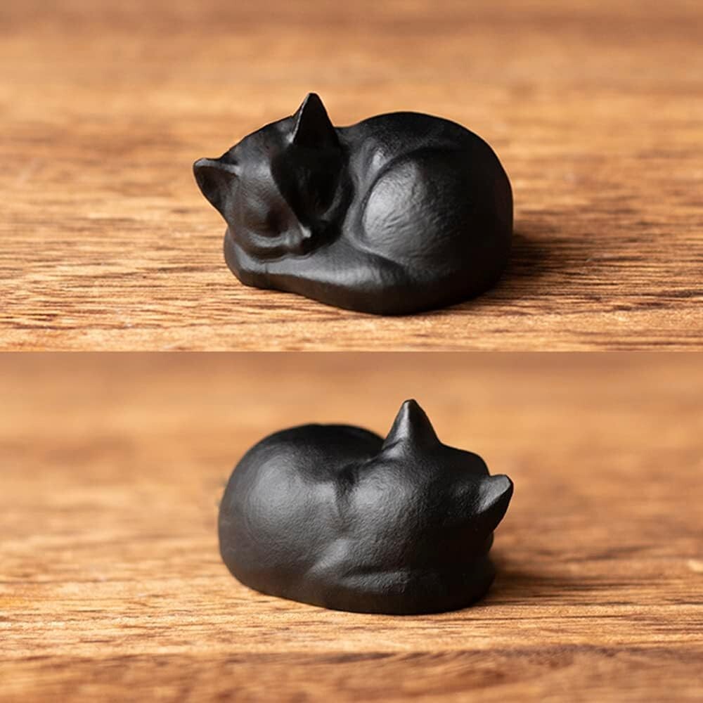 Obsidian Sleeping Cat Lover Crystal Carving Statute Figurine Healing Decor Gift