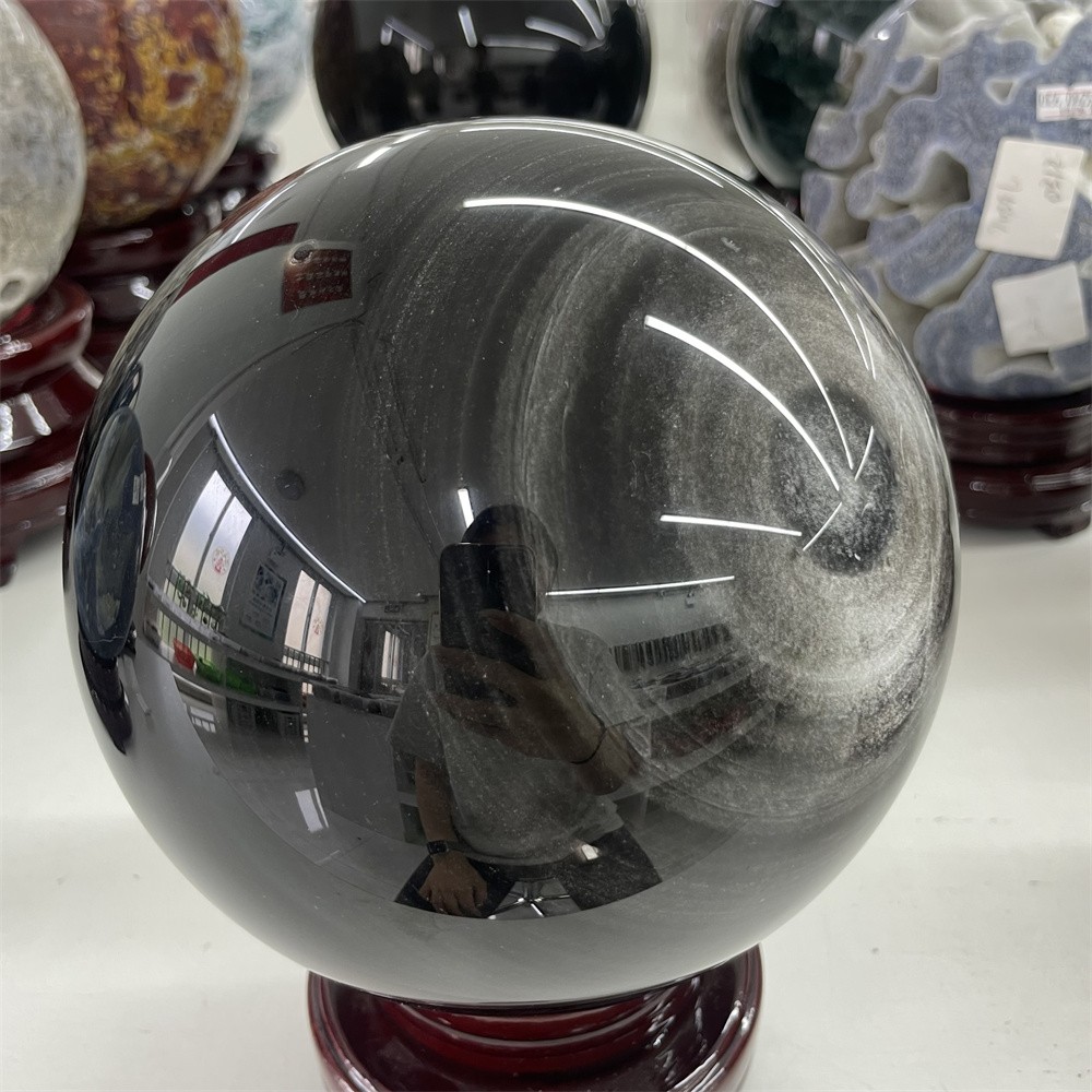 14LB 6.3″ Natural A++ Silver Obsidian Sphere Ball Crystal Quartz Energy Decor